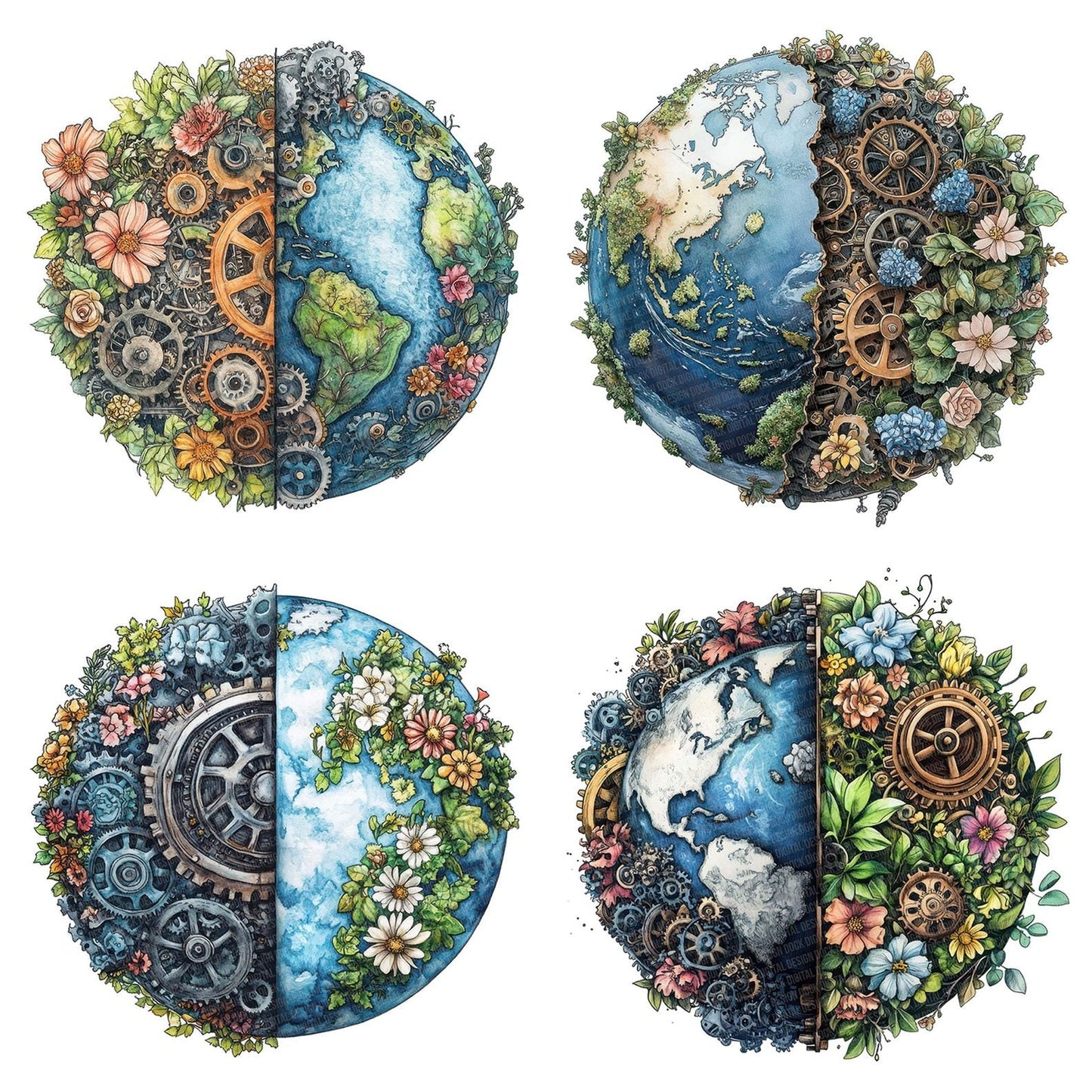 Half Floral Half Gear Earth Clipart Set (DDD005769)