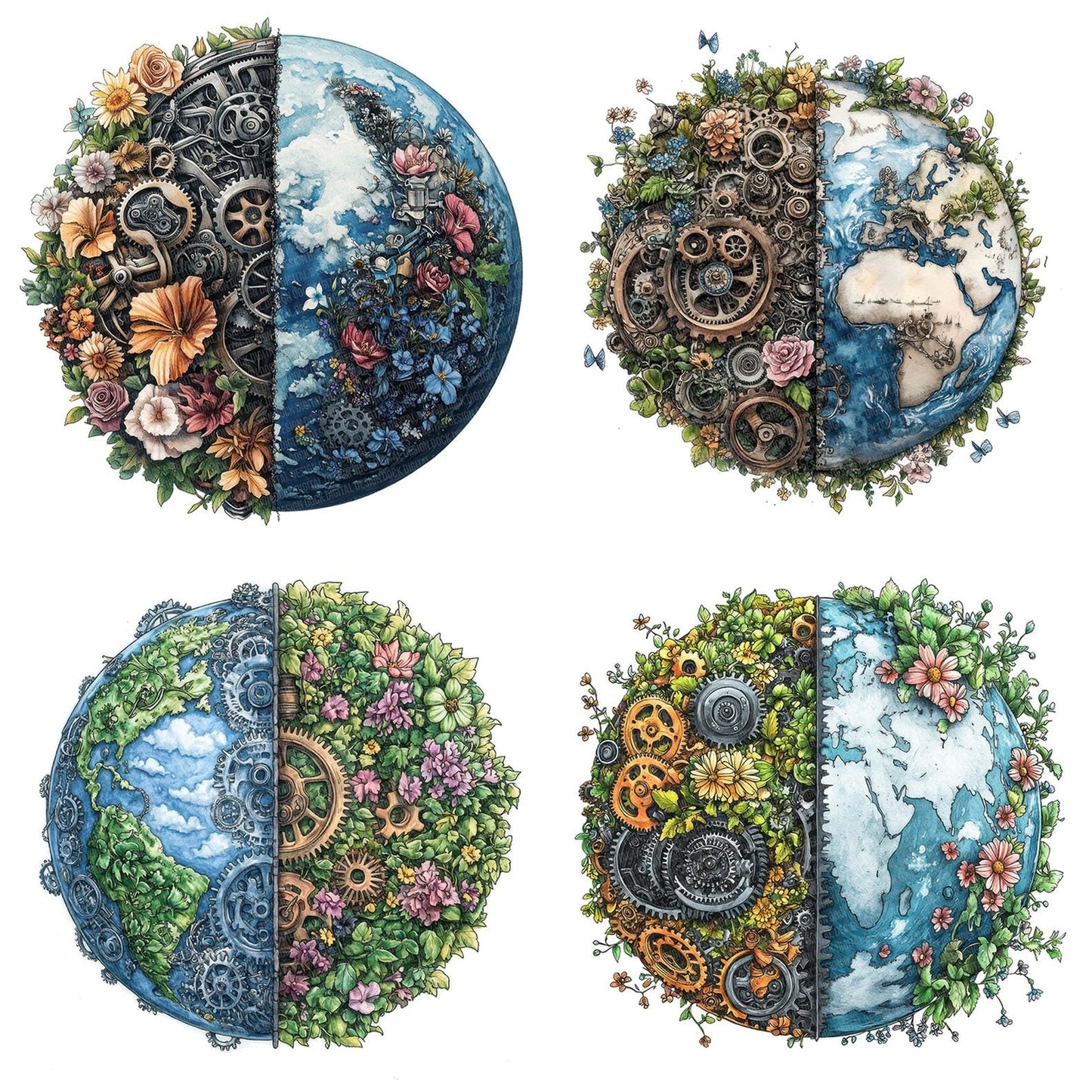 Half Floral Half Gear Earth Clipart Set (DDD005769)
