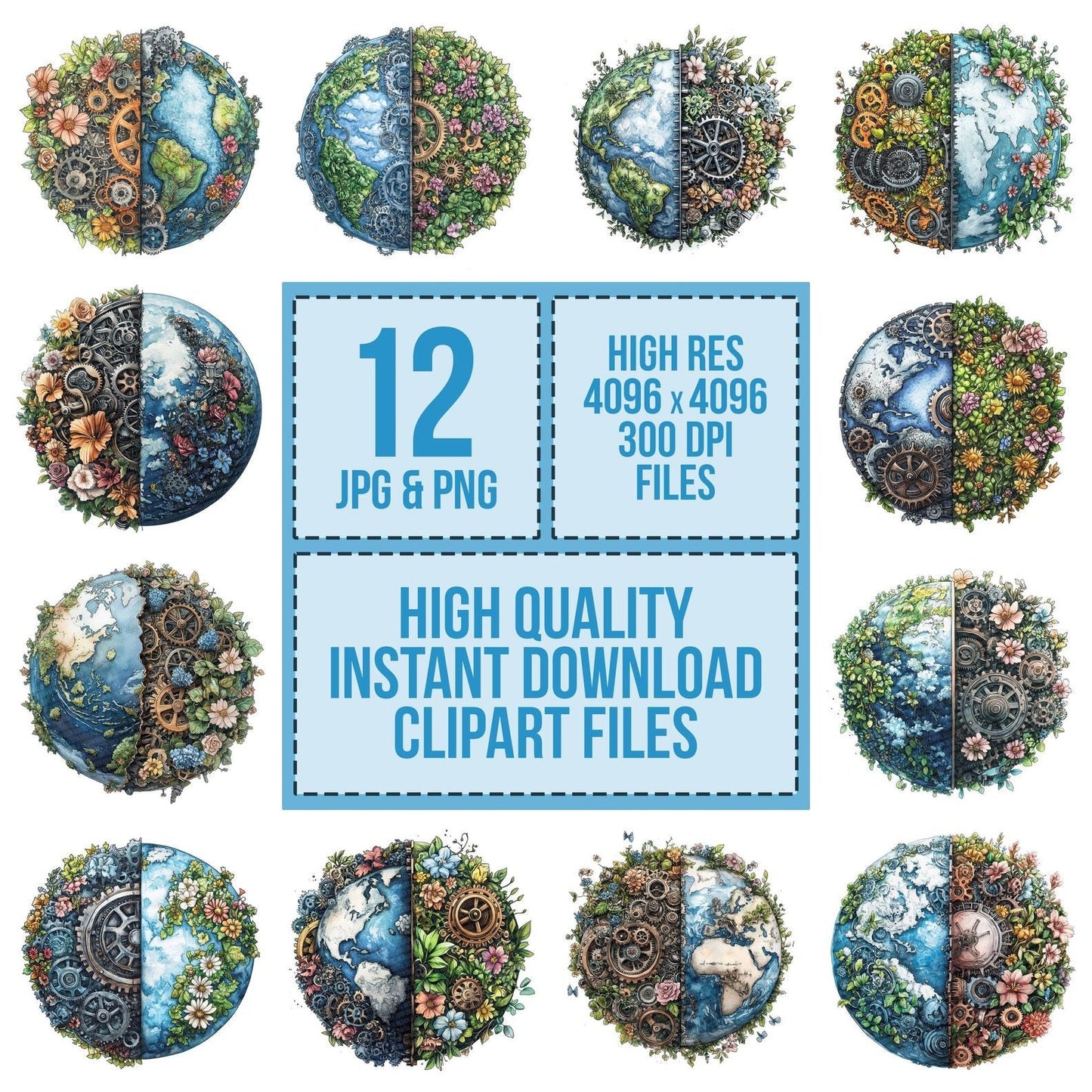 Half Floral Half Gear Earth Clipart Set (DDD005769)