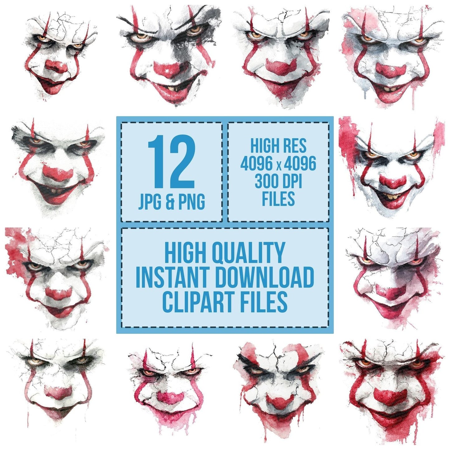 Halloween Watercolour Clown Portrait Clipart Set (DDD005775)