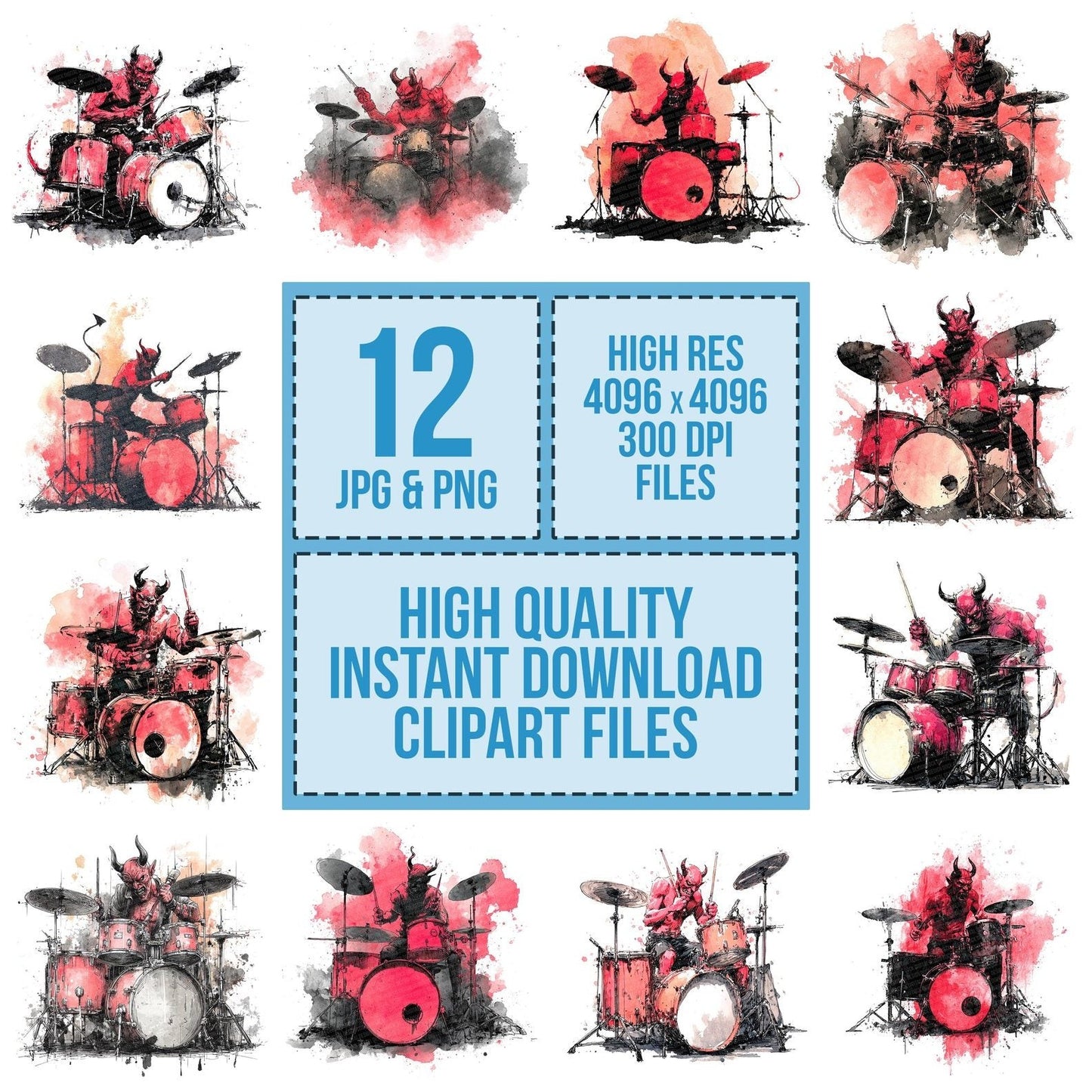 Halloween Watercolour Demon Drums Clipart Set (DDD005777)
