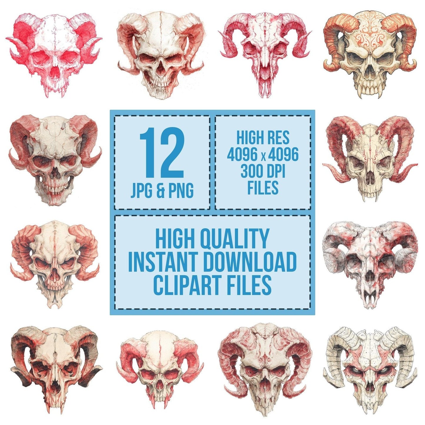 Halloween Watercolour Demon Skull Clipart Set (DDD005778)