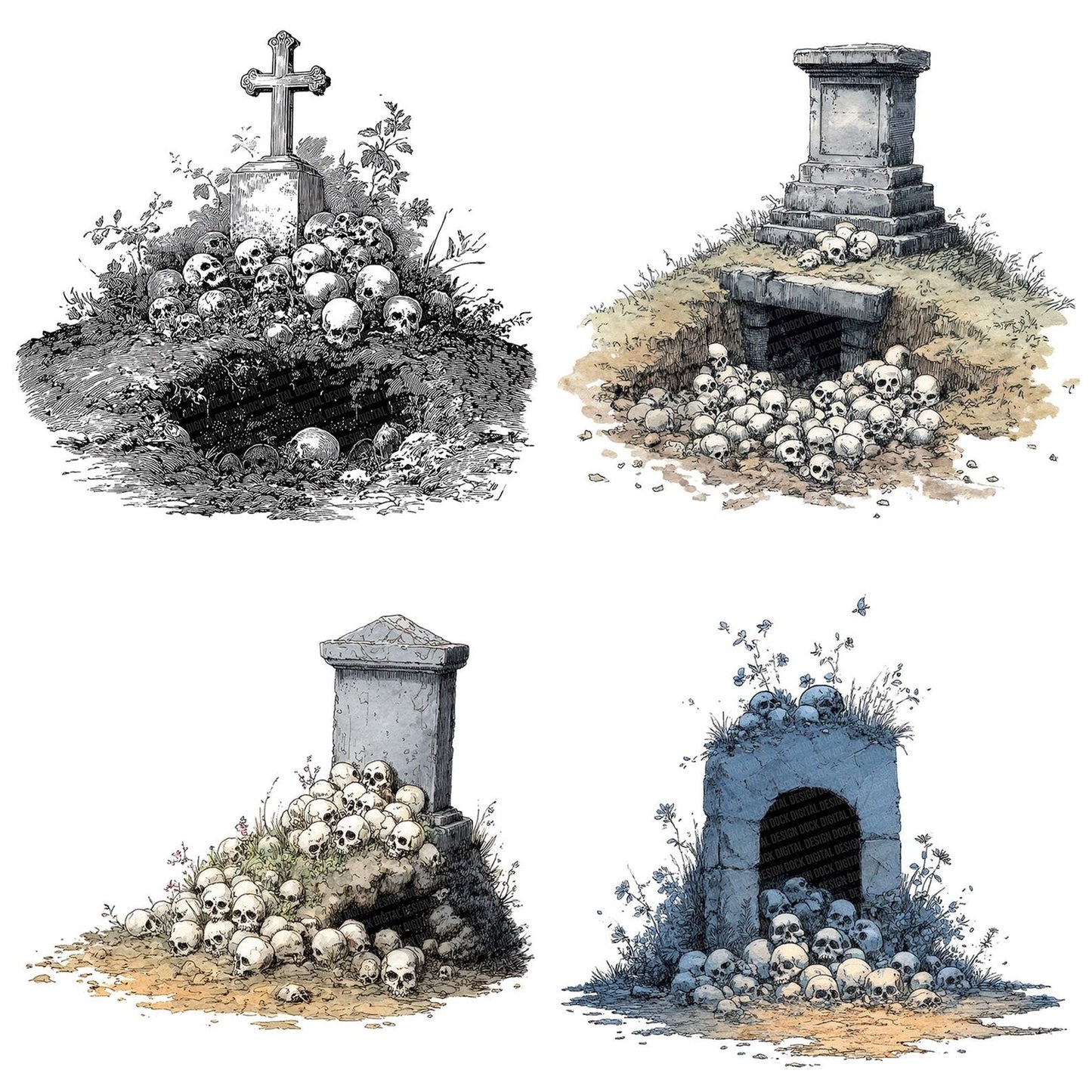 Halloween Watercolour Grave Skulls Clipart Set (DDD005785)