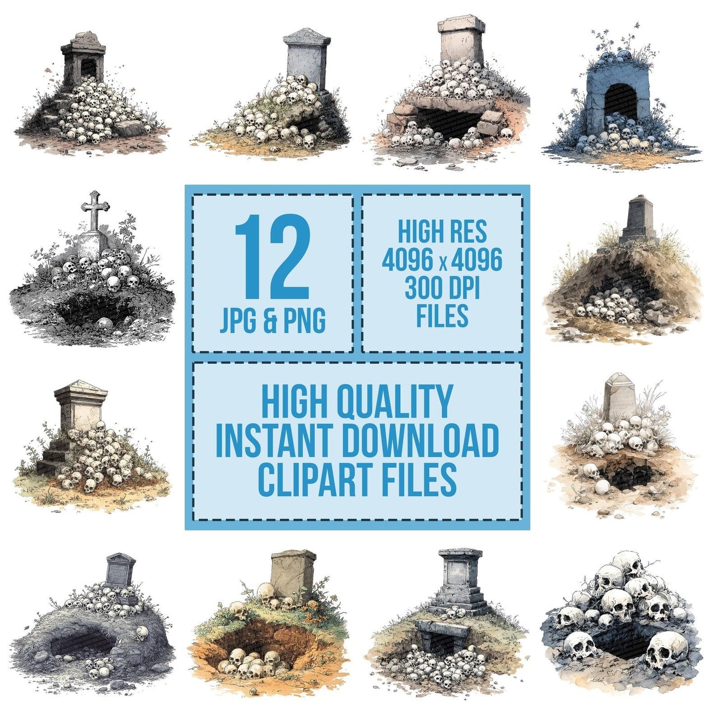 Halloween Watercolour Grave Skulls Clipart Set (DDD005785)