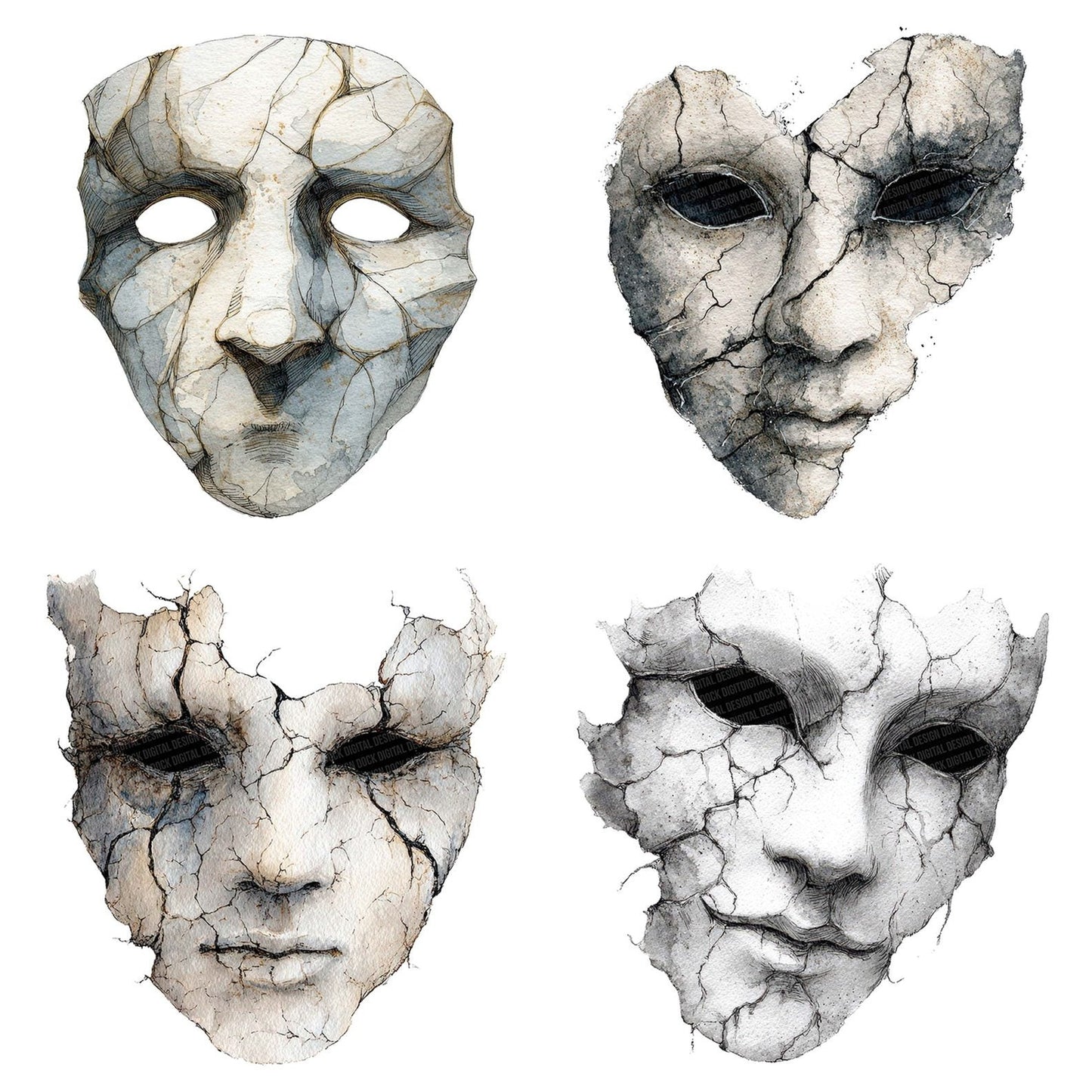 Halloween Watercolour Haunted Mask Clipart Set (DDD005787)