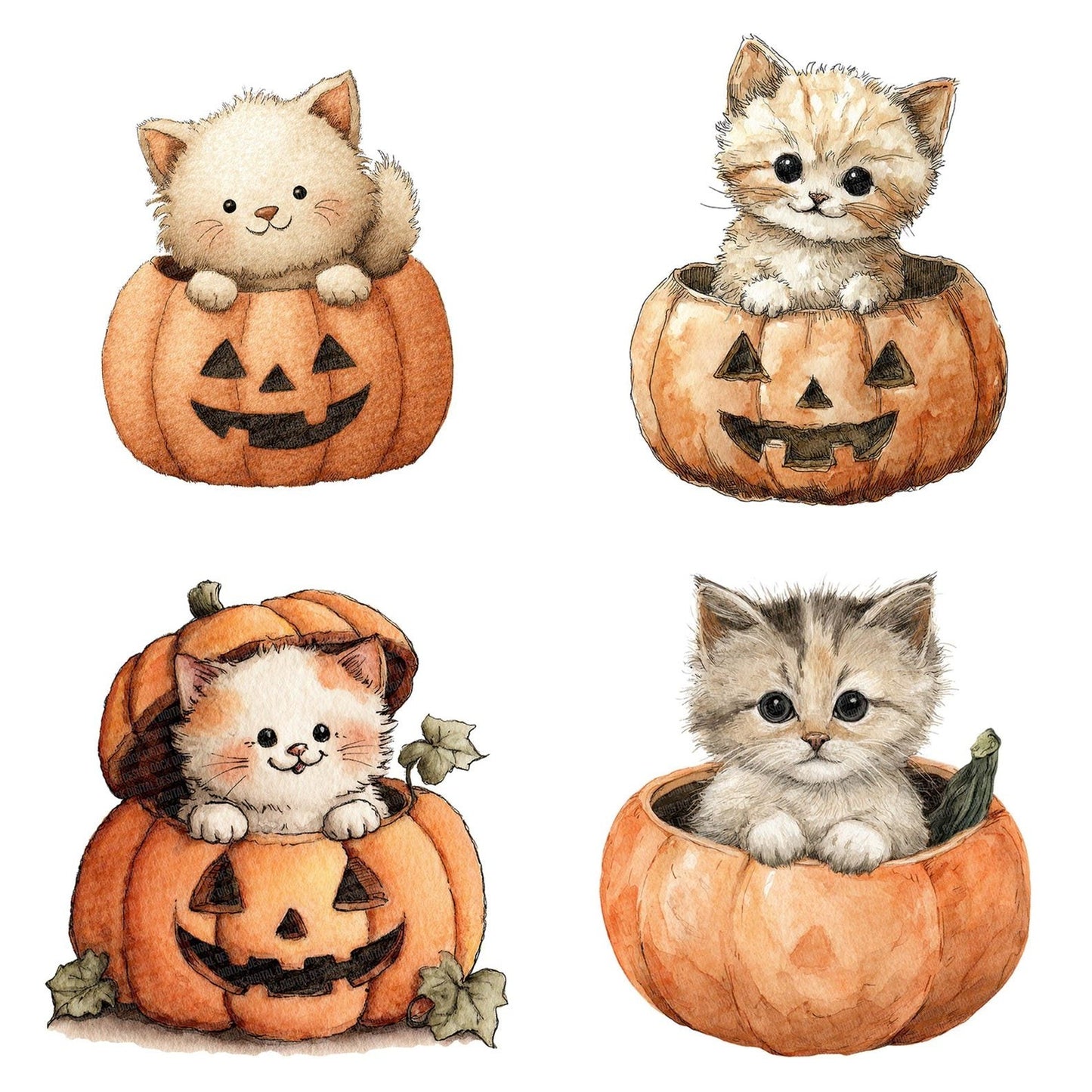 Halloween Watercolour Kitten Pumpkin Clipart Set (DDD005790)