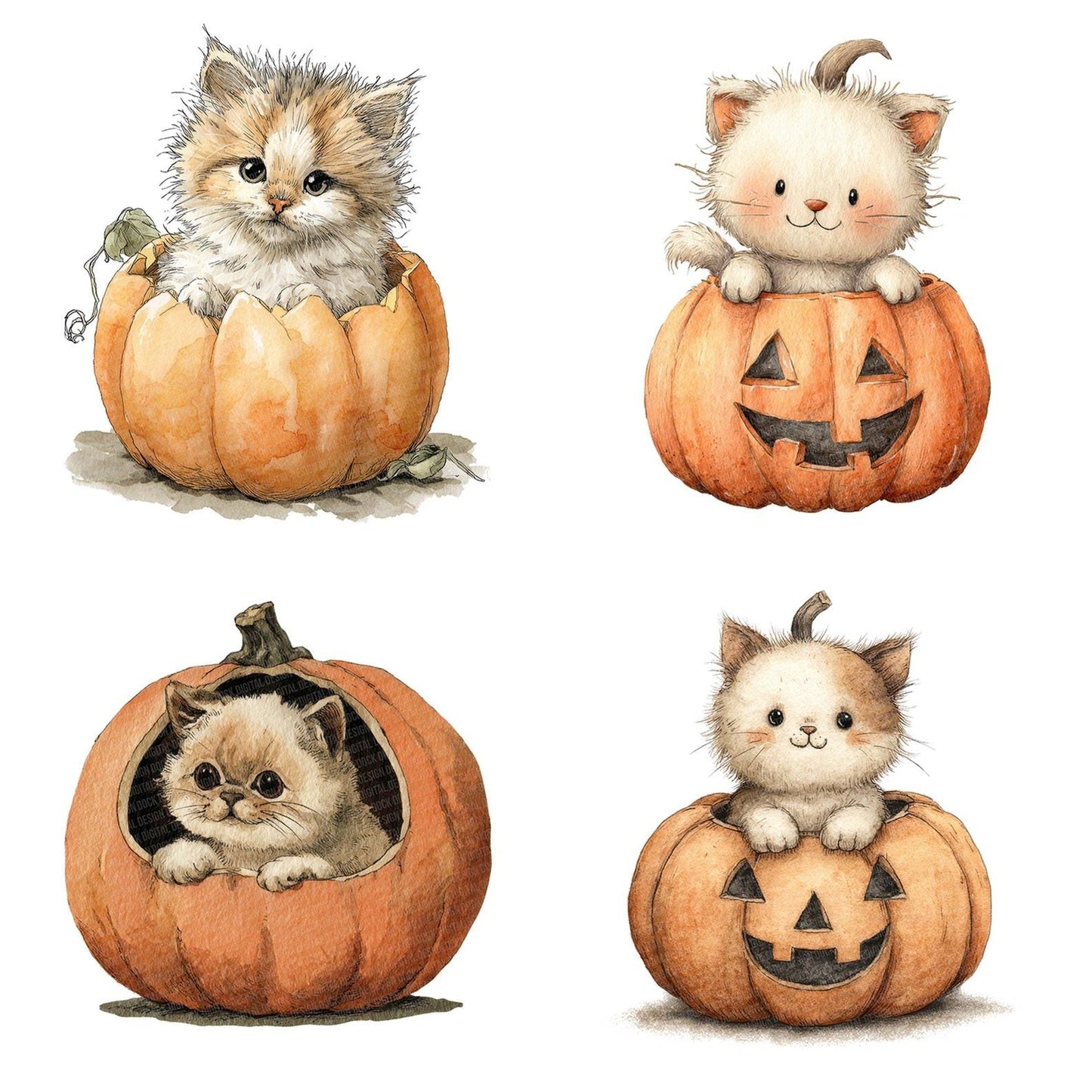 Halloween Watercolour Kitten Pumpkin Clipart Set (DDD005790)