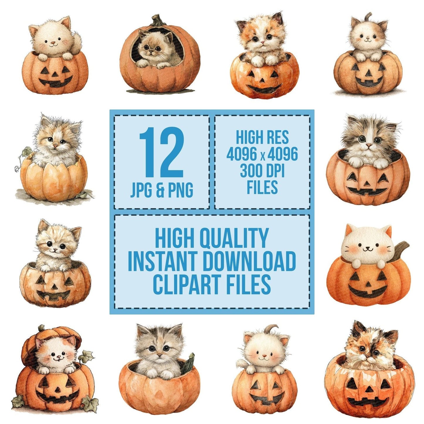 Halloween Watercolour Kitten Pumpkin Clipart Set (DDD005790)