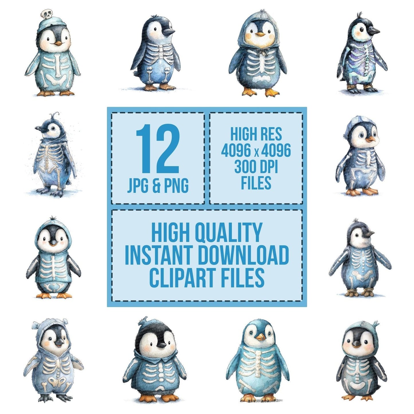 Halloween Watercolour Penguin Skeleton Clipart Set (DDD005793)