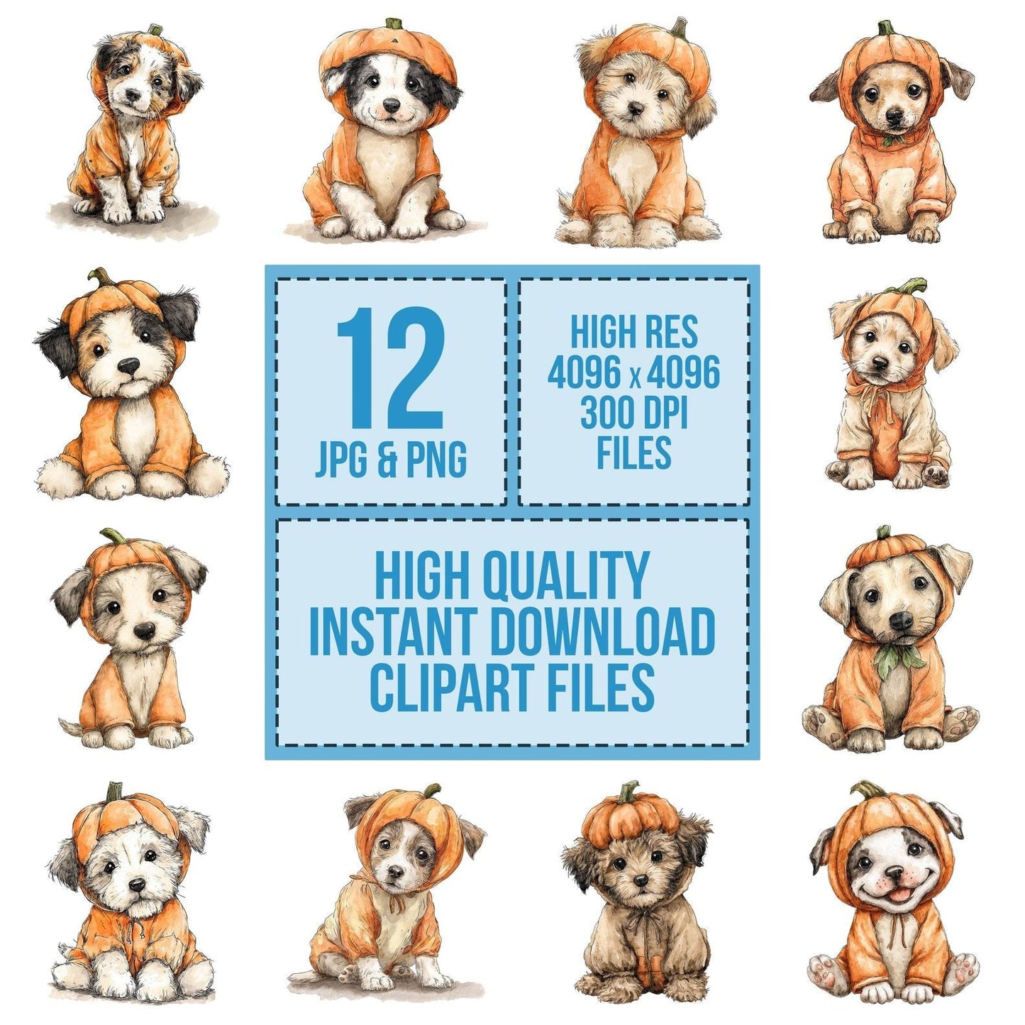 Halloween Watercolour Puppy Pumpkin Clipart Set (DDD005794)
