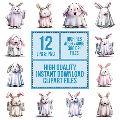 Halloween Watercolour Rabbit Ghost clipart set cover showing the designs and file details
