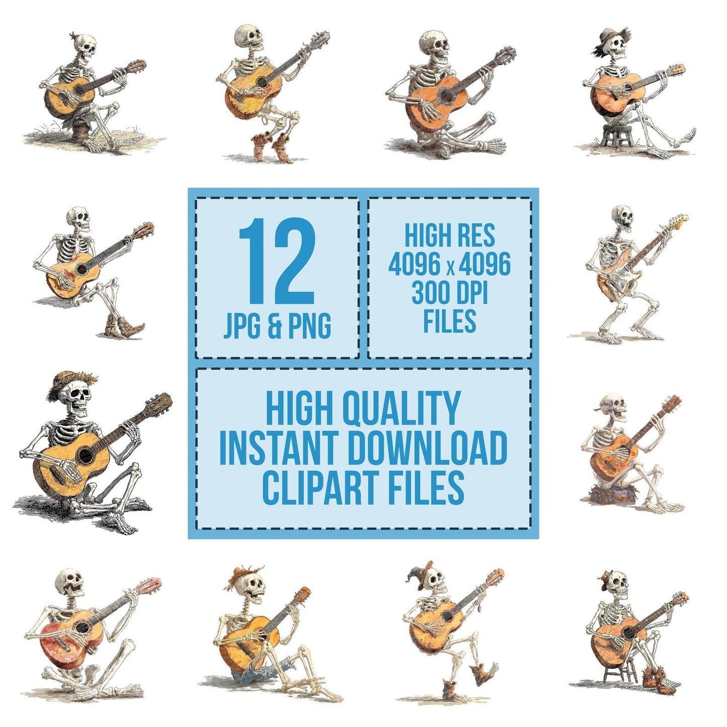 Halloween Watercolour Skeleton Guitar Clipart Set (DDD005798)