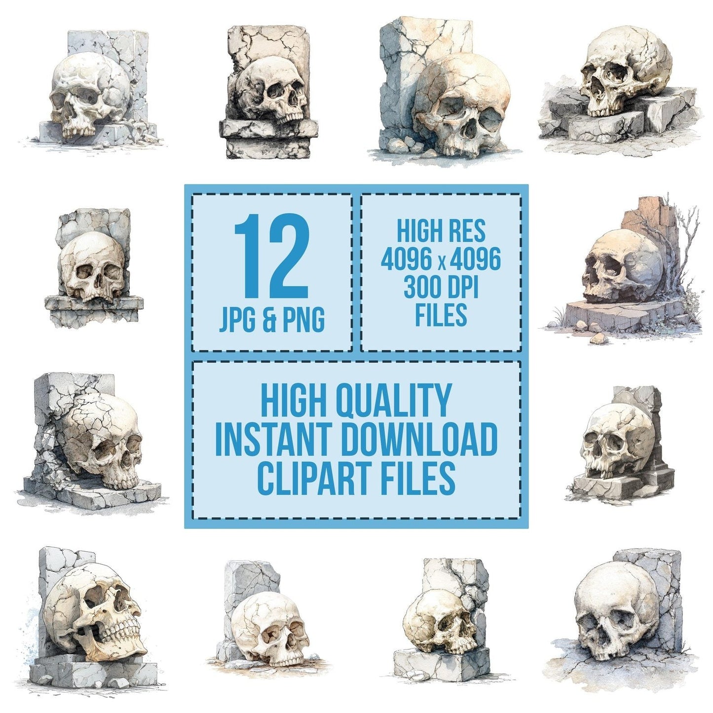 Halloween Watercolour Skull Tombstone Clipart Set (DDD005801)