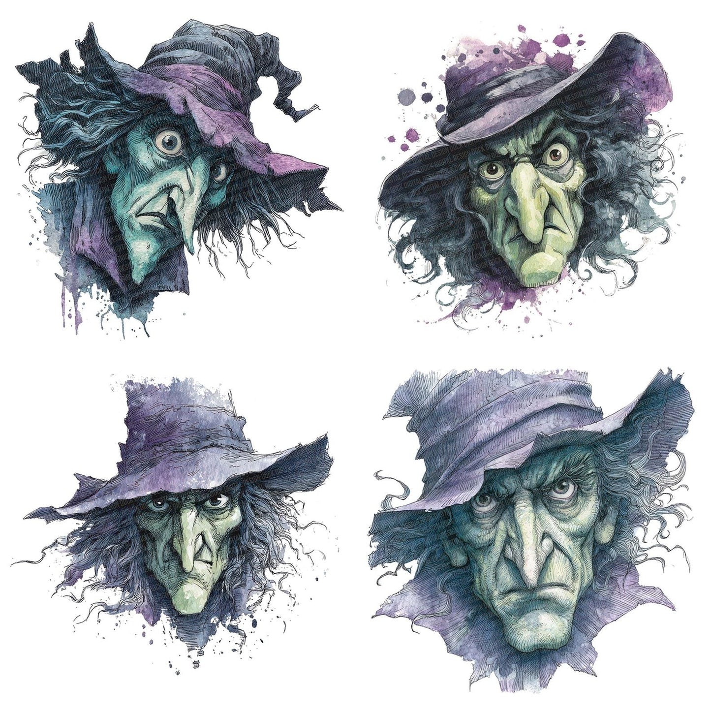 Halloween Watercolour Witch Portrait Clipart Set (DDD005804)