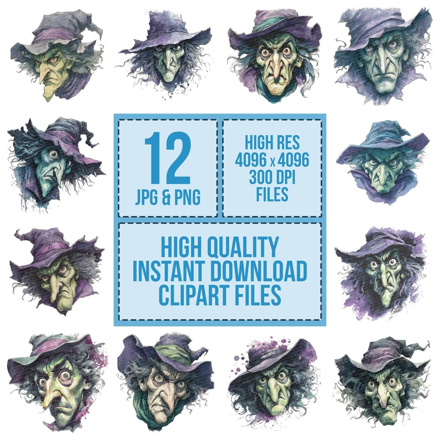 Halloween Watercolour Witch Portrait Clipart Set (DDD005804)