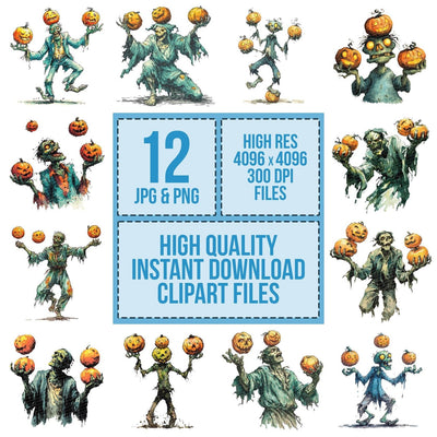 Halloween Watercolour Zombie Juggler clipart set cover showing the designs and file details