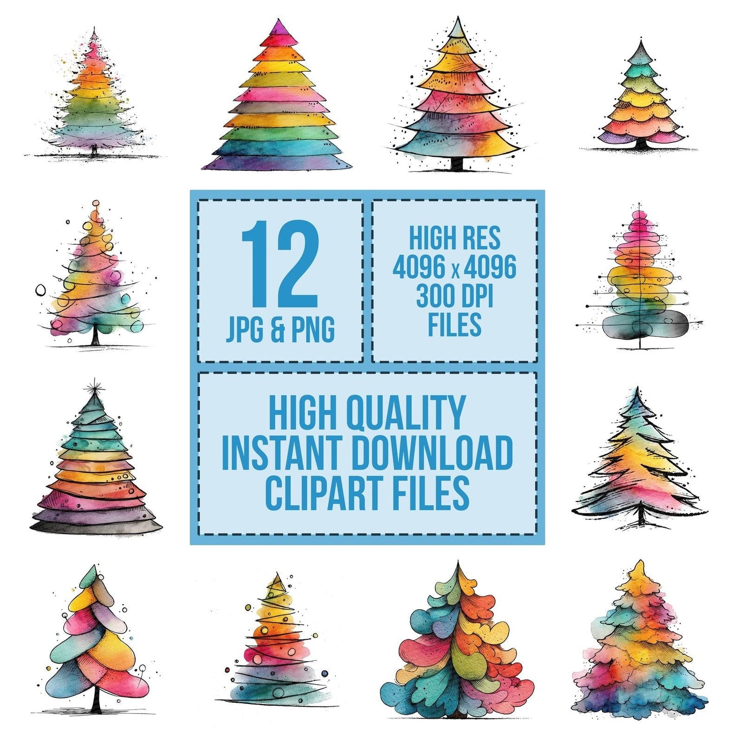 Hand Drawn Rainbow Christmas Tree Clipart Set (DDD005808)