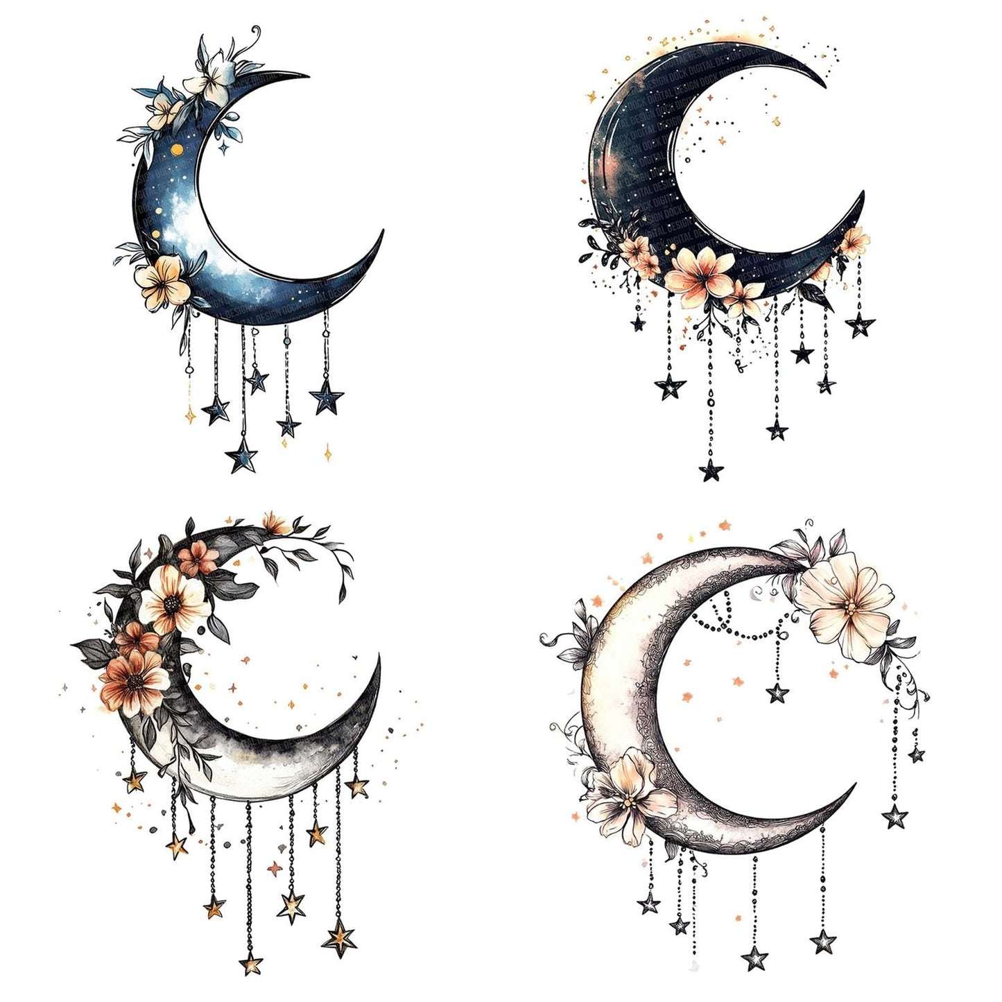 Hanging Crescent Moon with Stars Clipart Set (DDD005812)