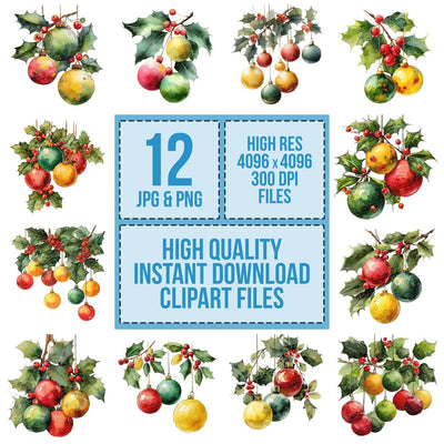 Holly Branch Baubles clipart set cover showing the designs and file details
