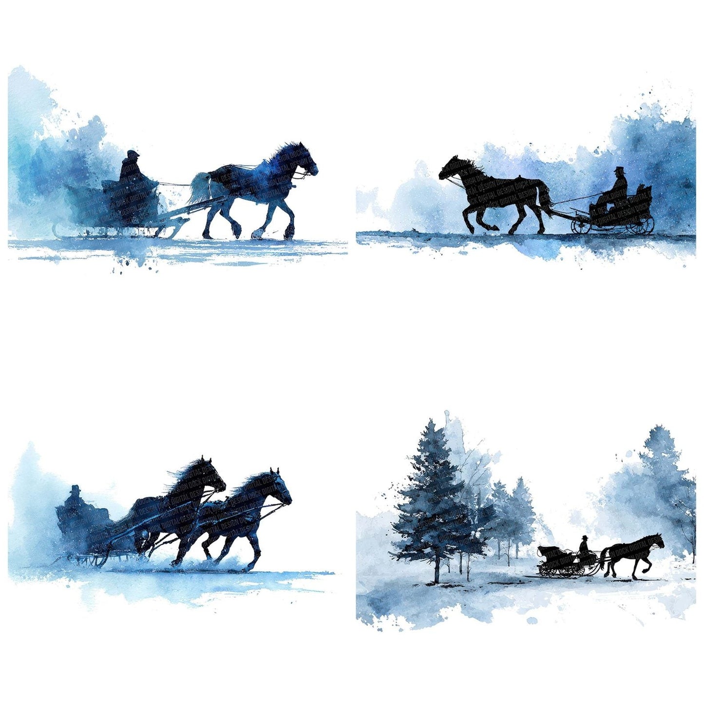 Horse Sleigh Silhouette Clipart Set (DDD005846)