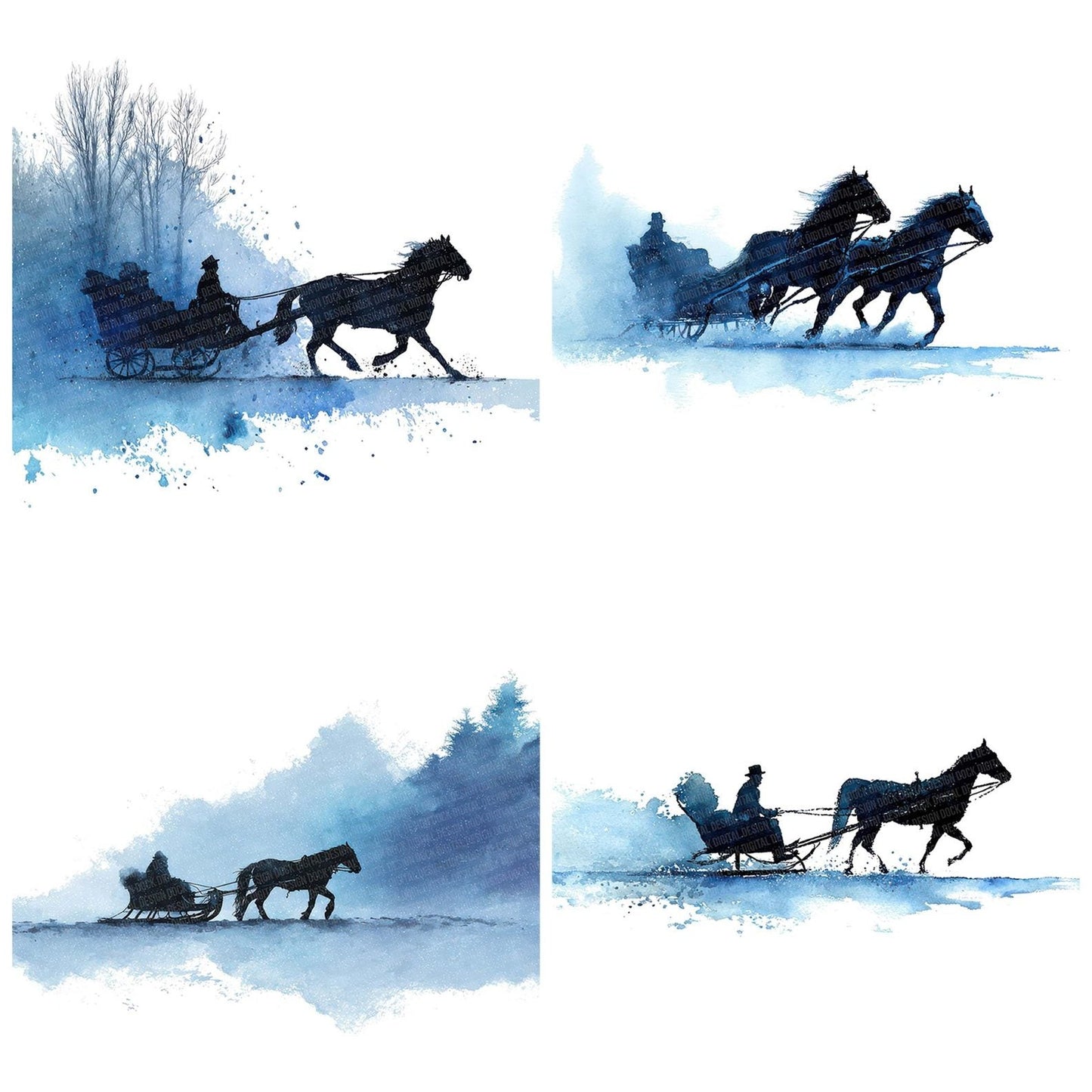 Horse Sleigh Silhouette Clipart Set (DDD005846)