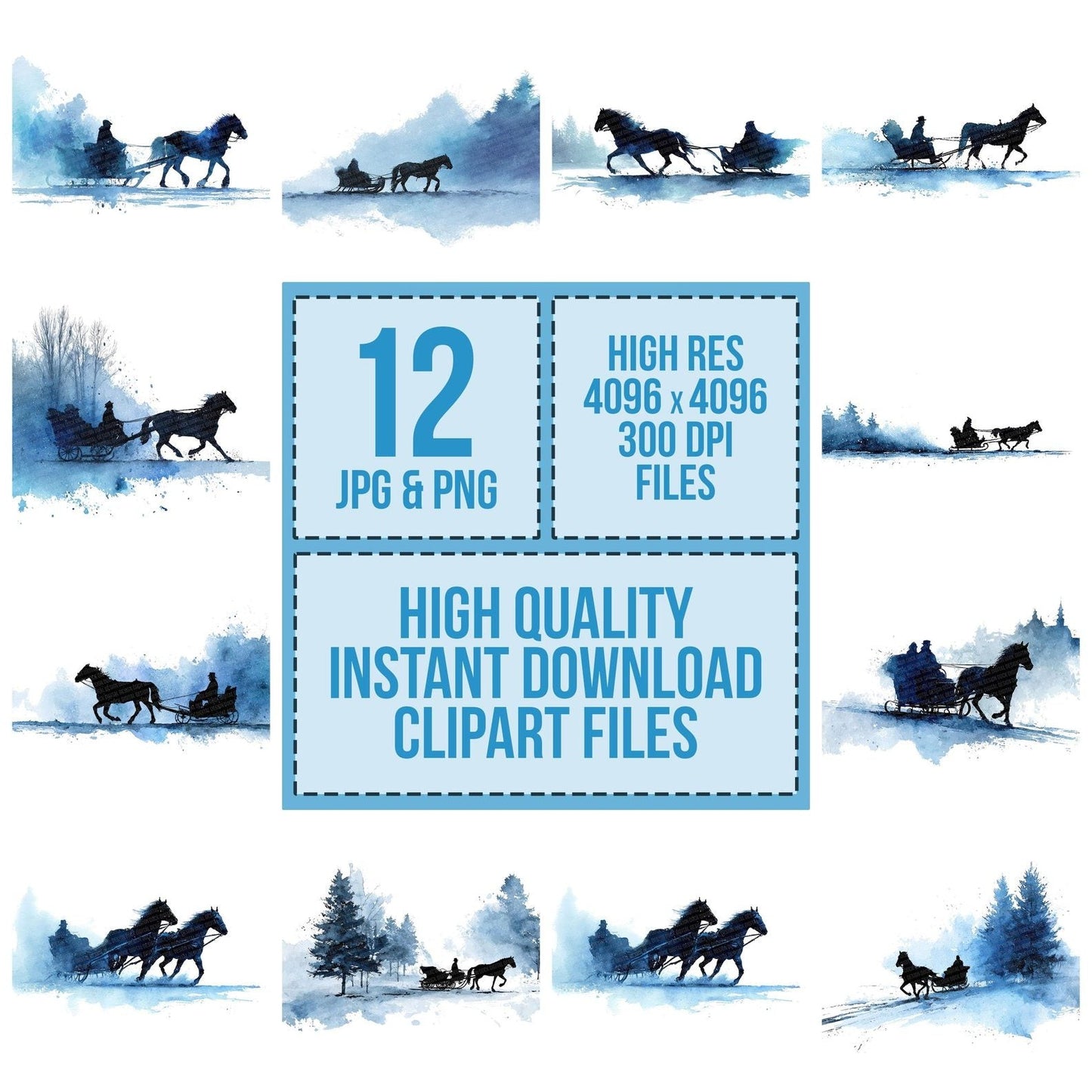 Horse Sleigh Silhouette Clipart Set (DDD005846)