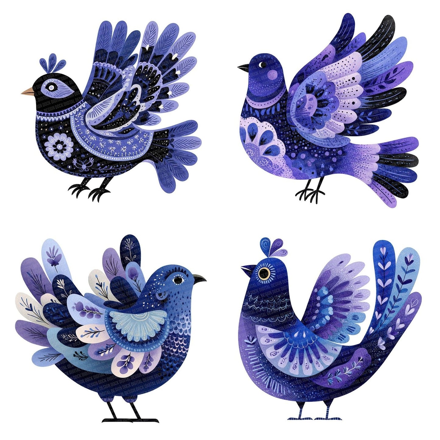 Indigo Folk Art Bird Clipart Set (DDD005876)