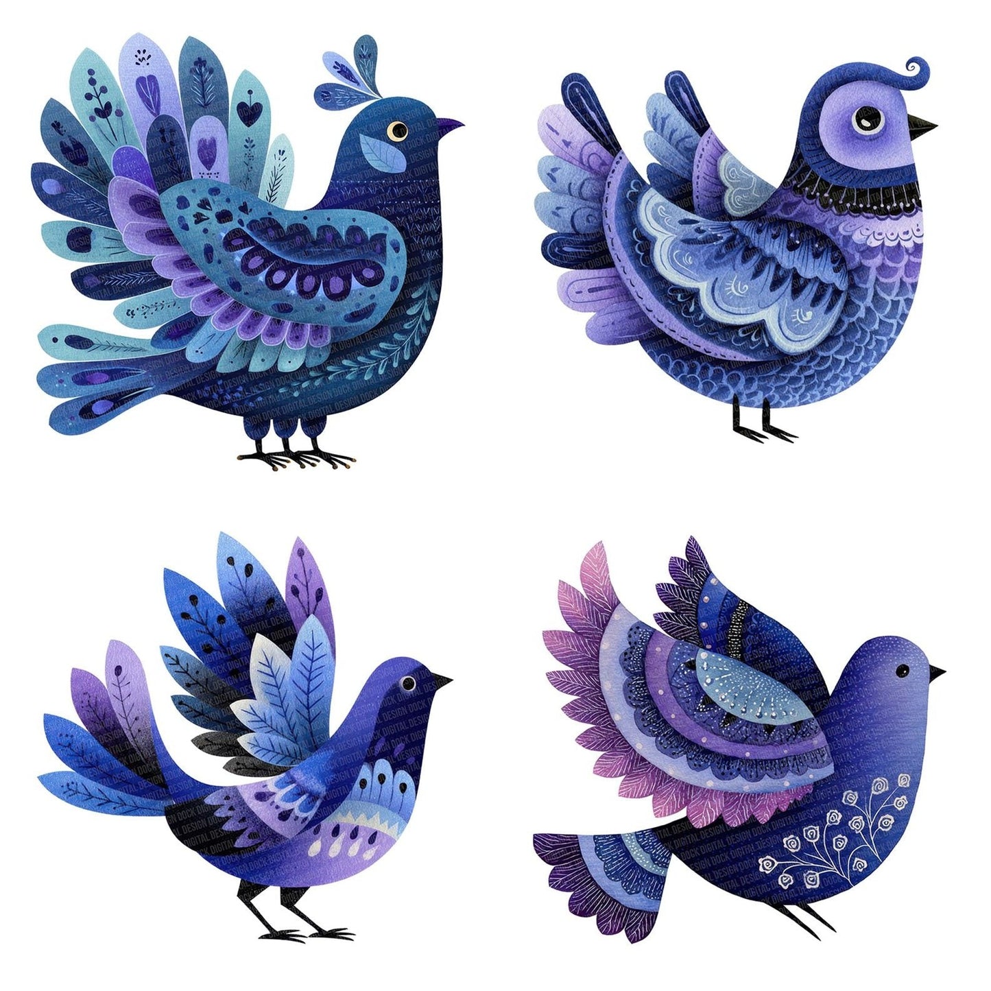 Indigo Folk Art Bird Clipart Set (DDD005876)
