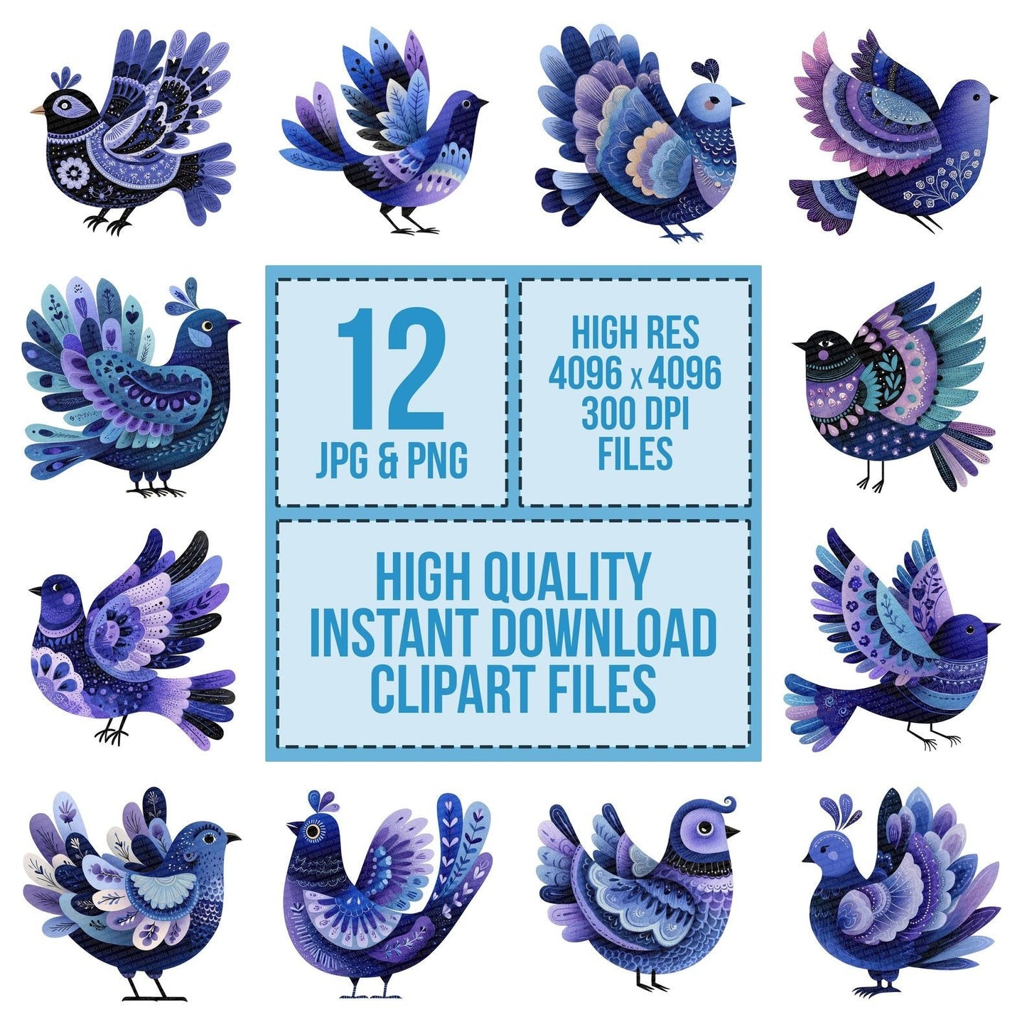 Indigo Folk Art Bird Clipart Set (DDD005876)