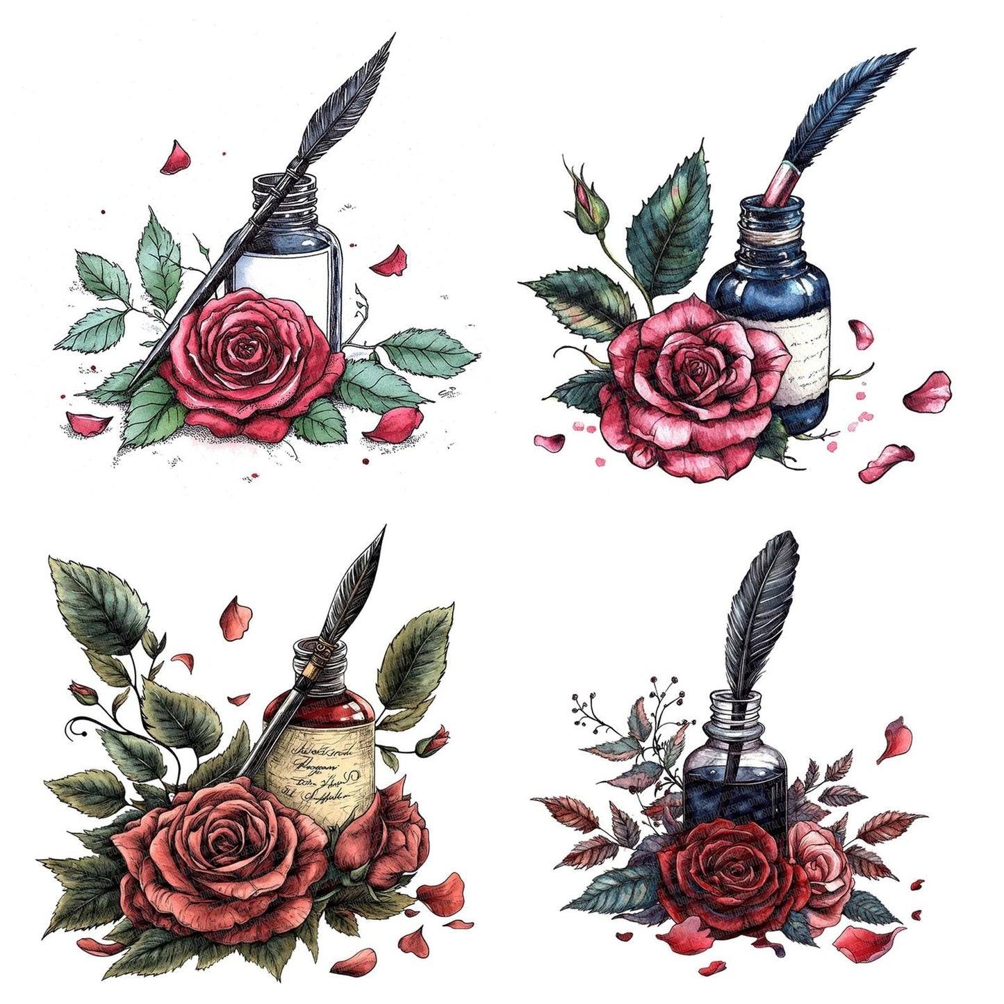 Ink Bottle with Roses and Quill Clipart Set (DDD005878)