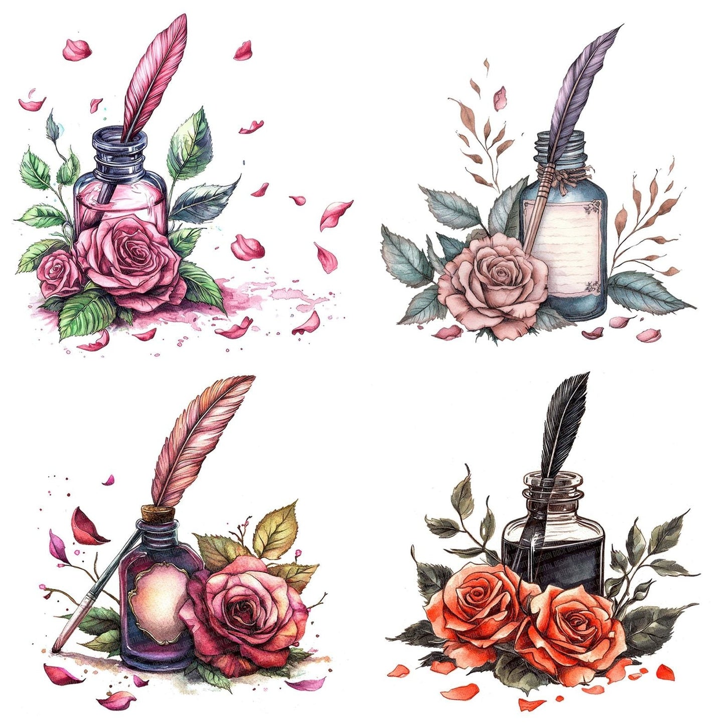 Ink Bottle with Roses and Quill Clipart Set (DDD005878)
