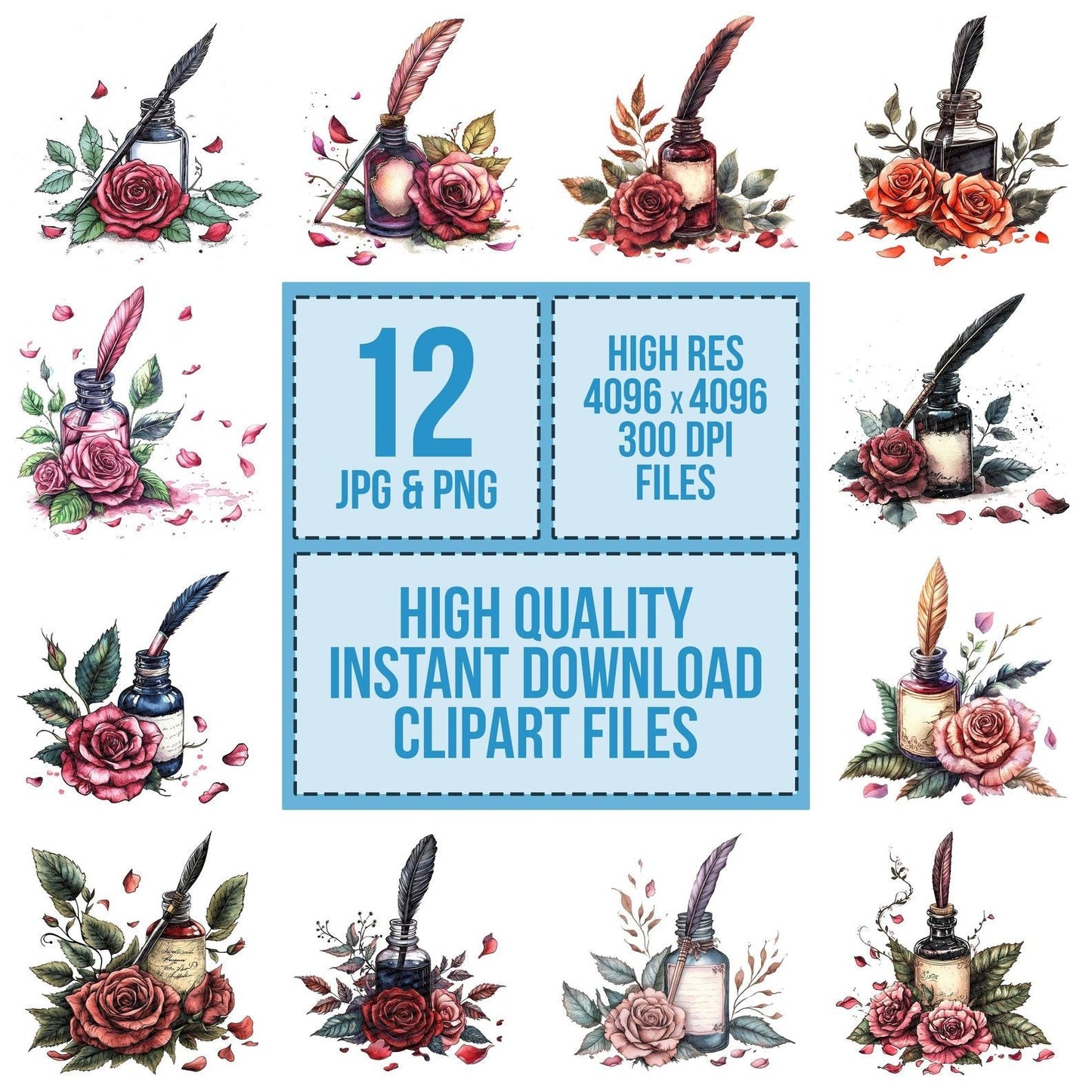 Ink Bottle with Roses and Quill Clipart Set (DDD005878)