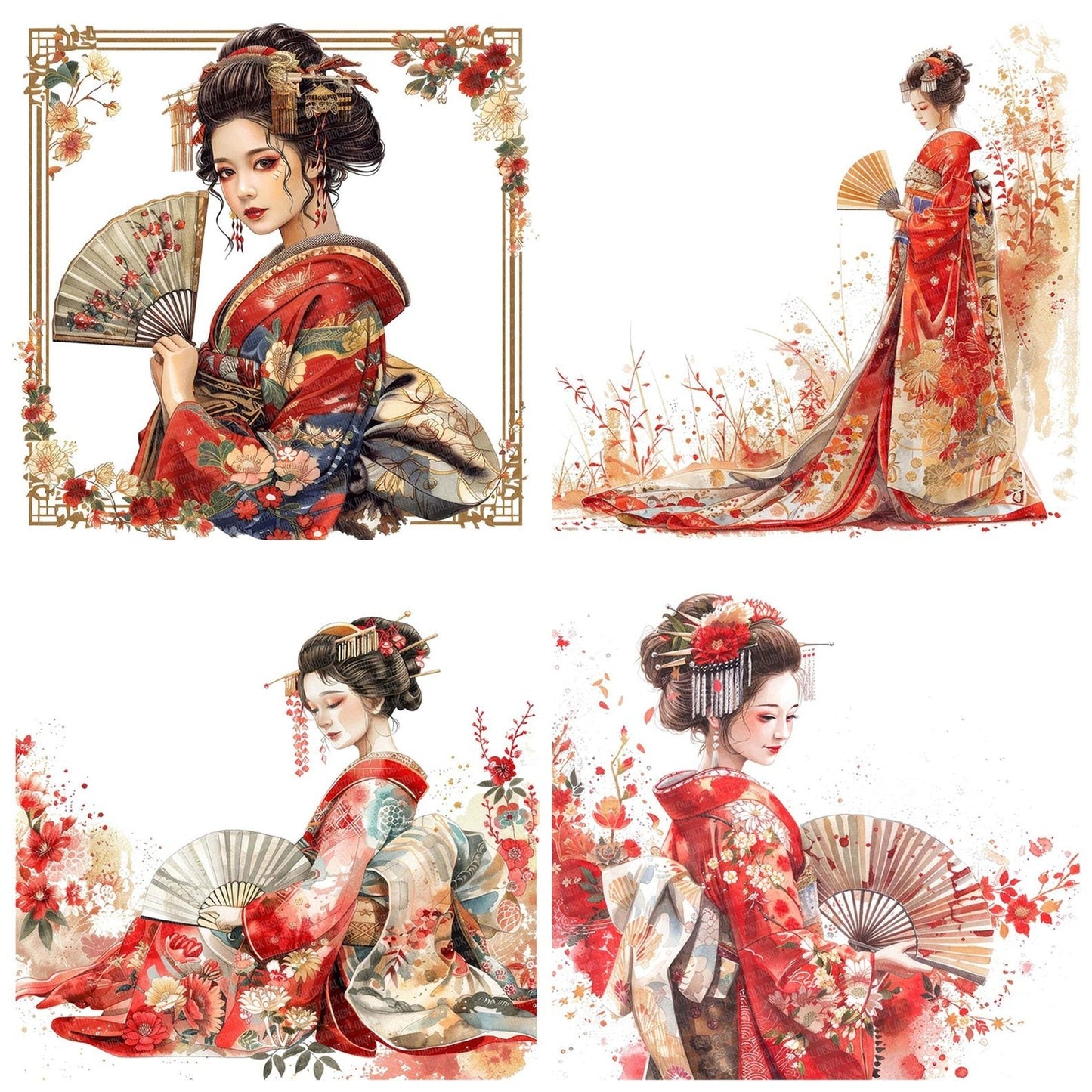 Japanese Geisha Fan Clipart Set (DDD005888)