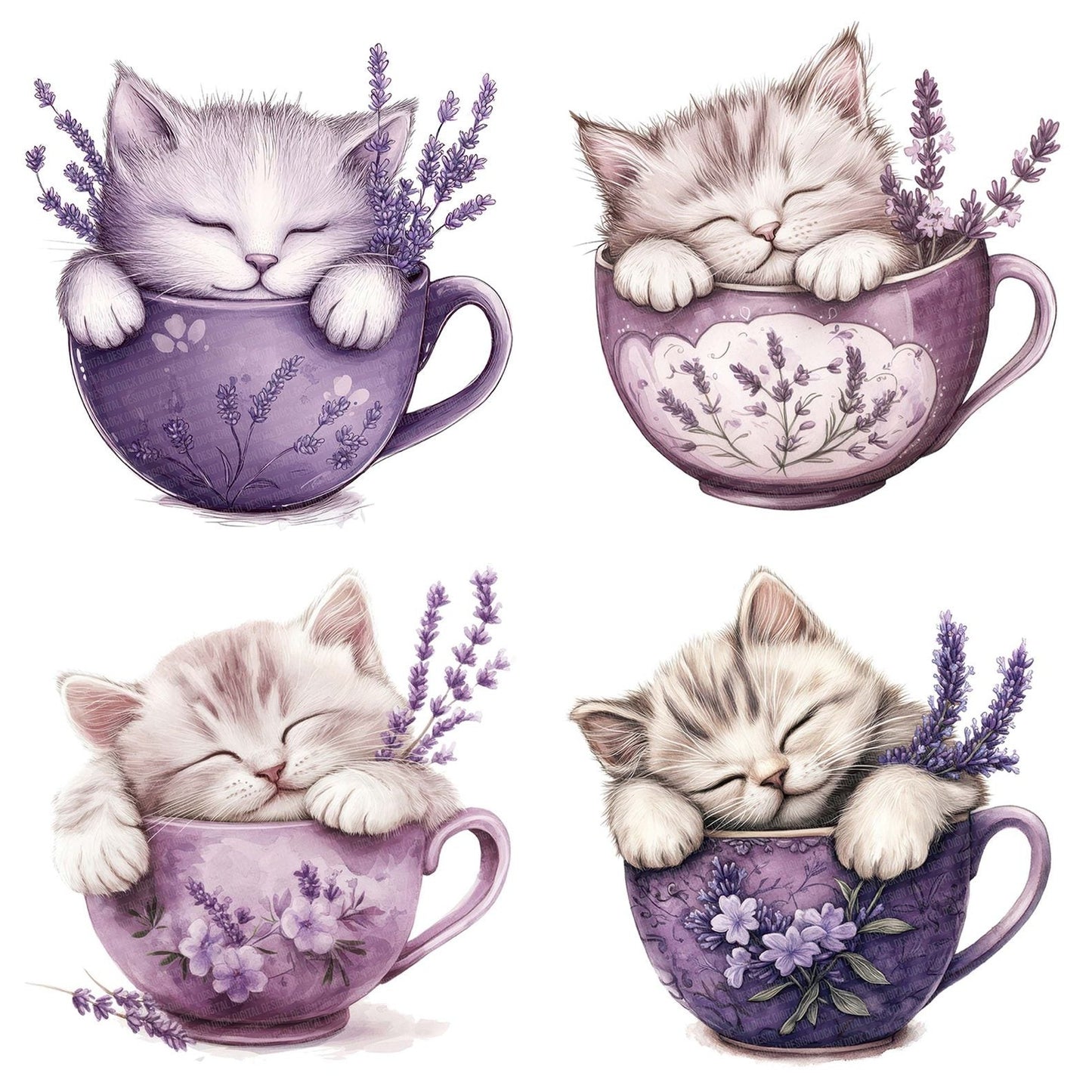 Kitten in Lavender Teacup Clipart Set (DDD005920)