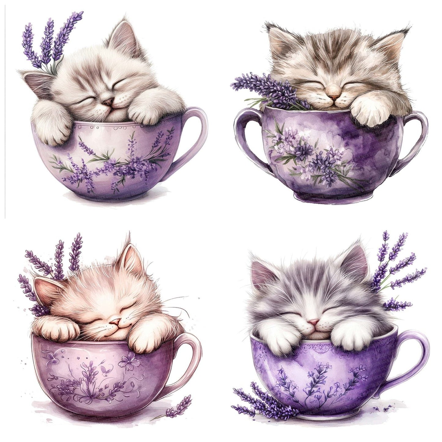 Kitten in Lavender Teacup Clipart Set (DDD005920)