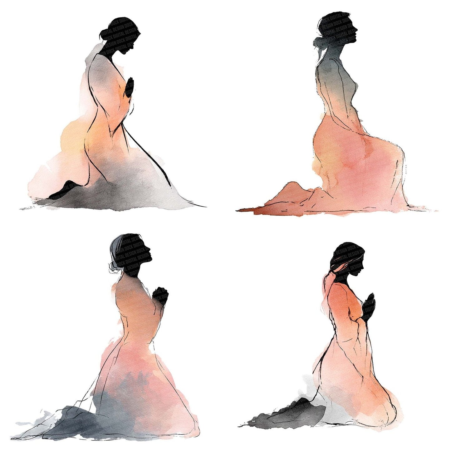 Kneeling Woman Praying Clipart Set (DDD005922)