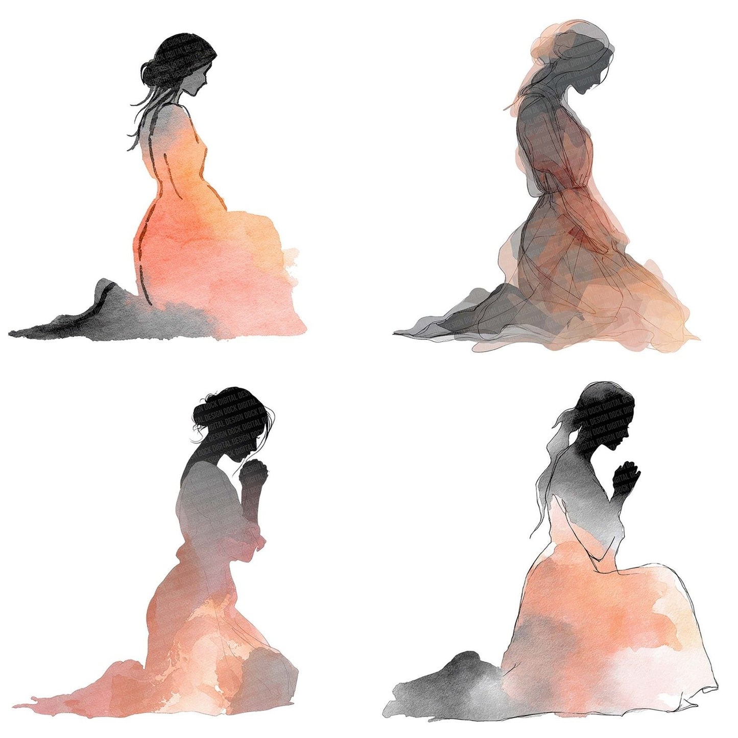 Kneeling Woman Praying Clipart Set (DDD005922)