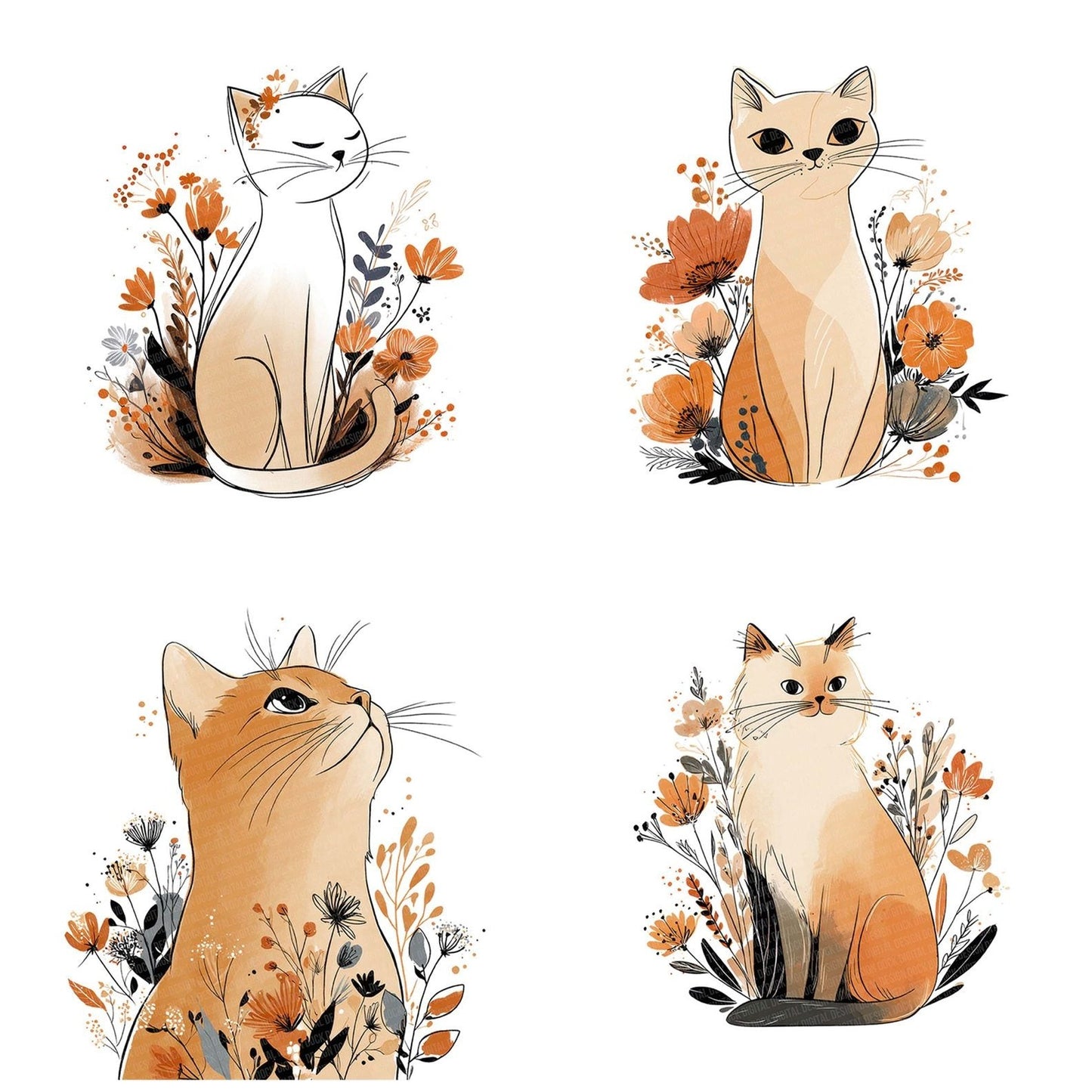 Line Art Cat Floral Clipart Set (DDD005971)