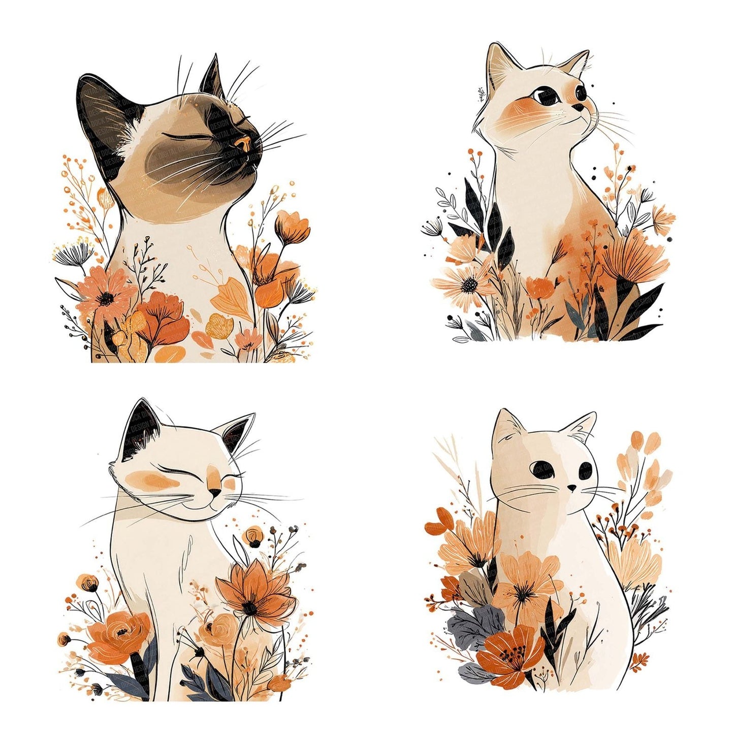 Line Art Cat Floral Clipart Set (DDD005971)