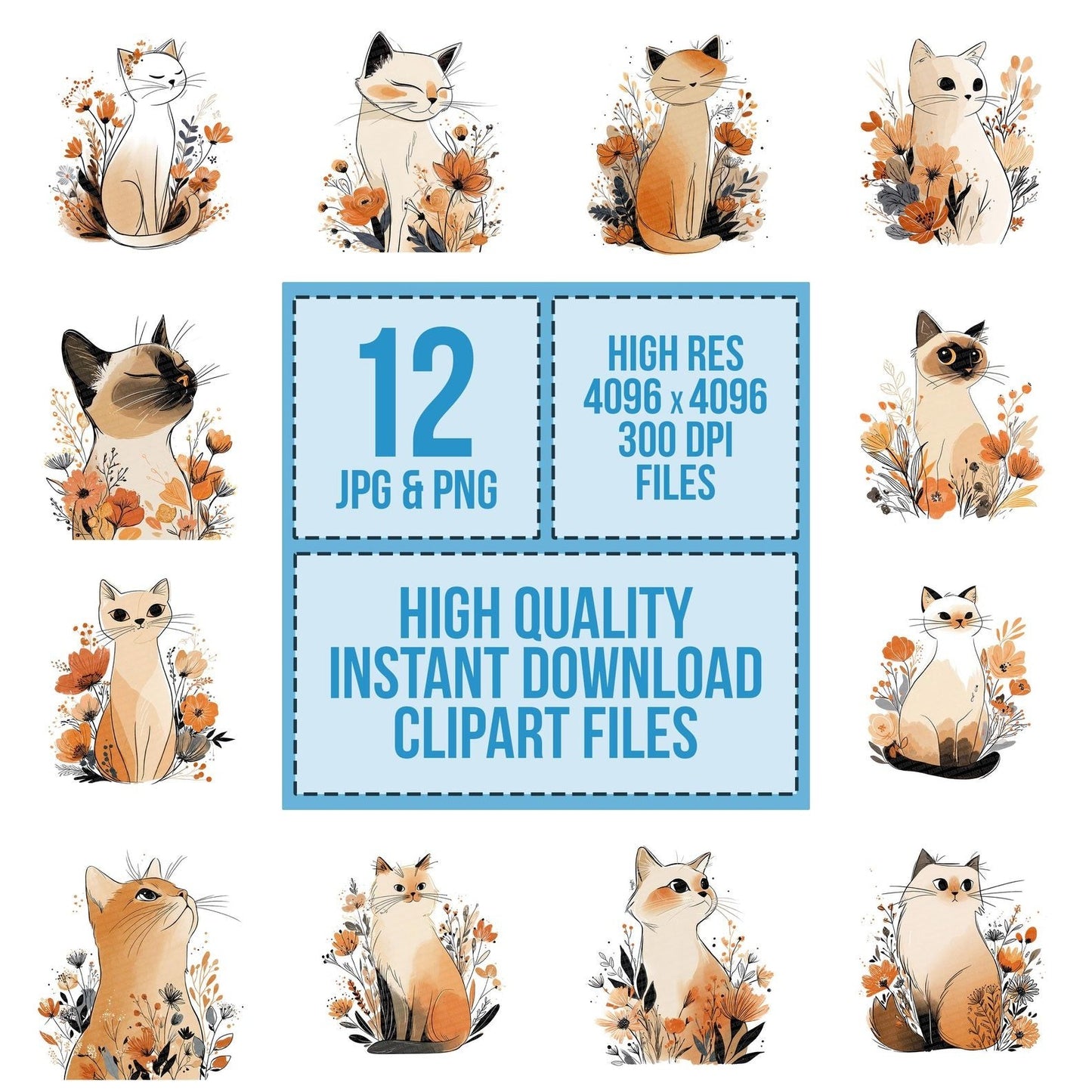 Line Art Cat Floral Clipart Set (DDD005971)