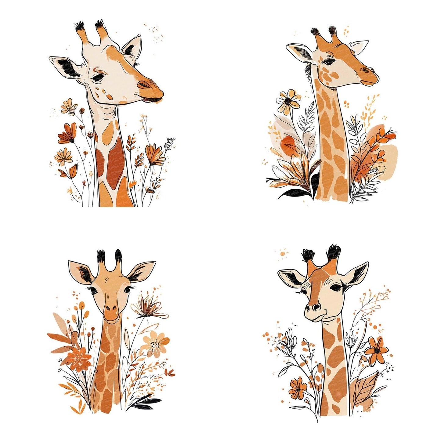 Line Art Giraffe Floral Clipart Set (DDD005972)
