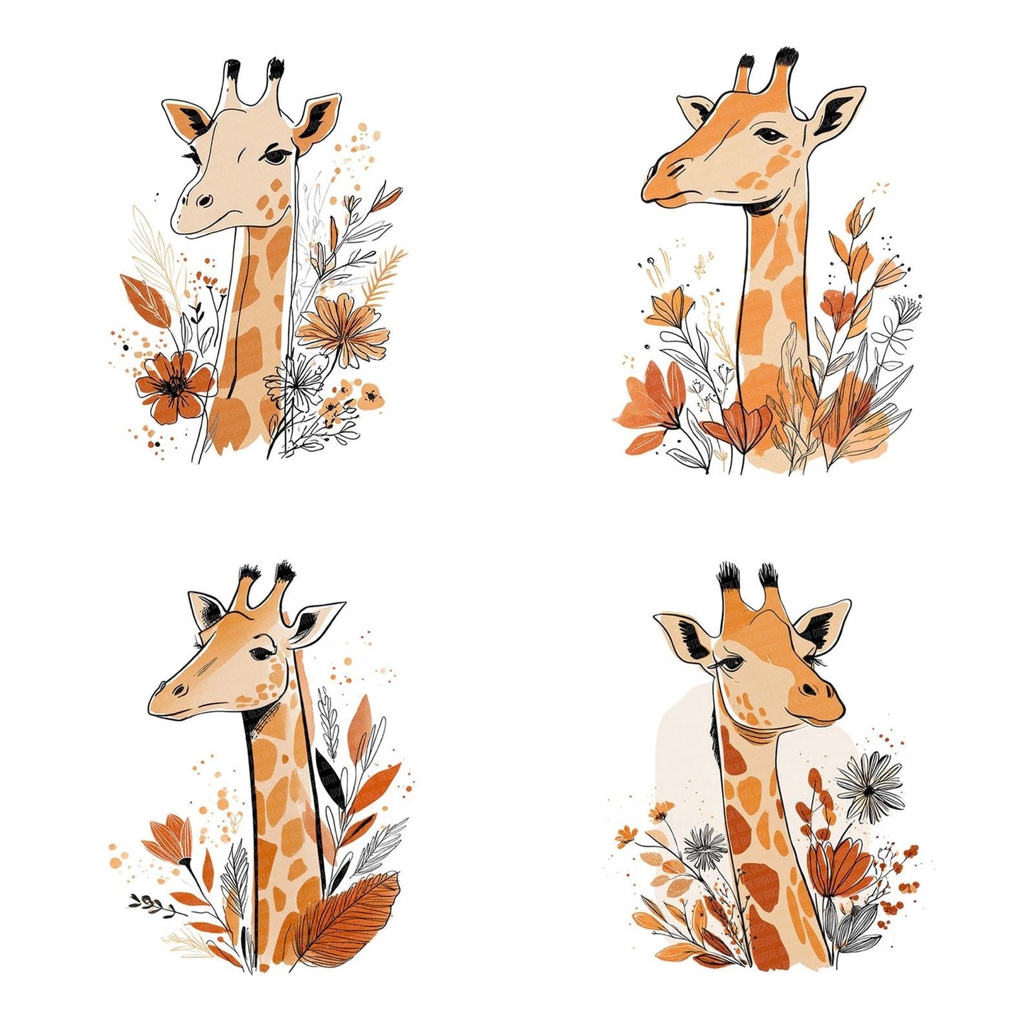 Line Art Giraffe Floral Clipart Set (DDD005972)