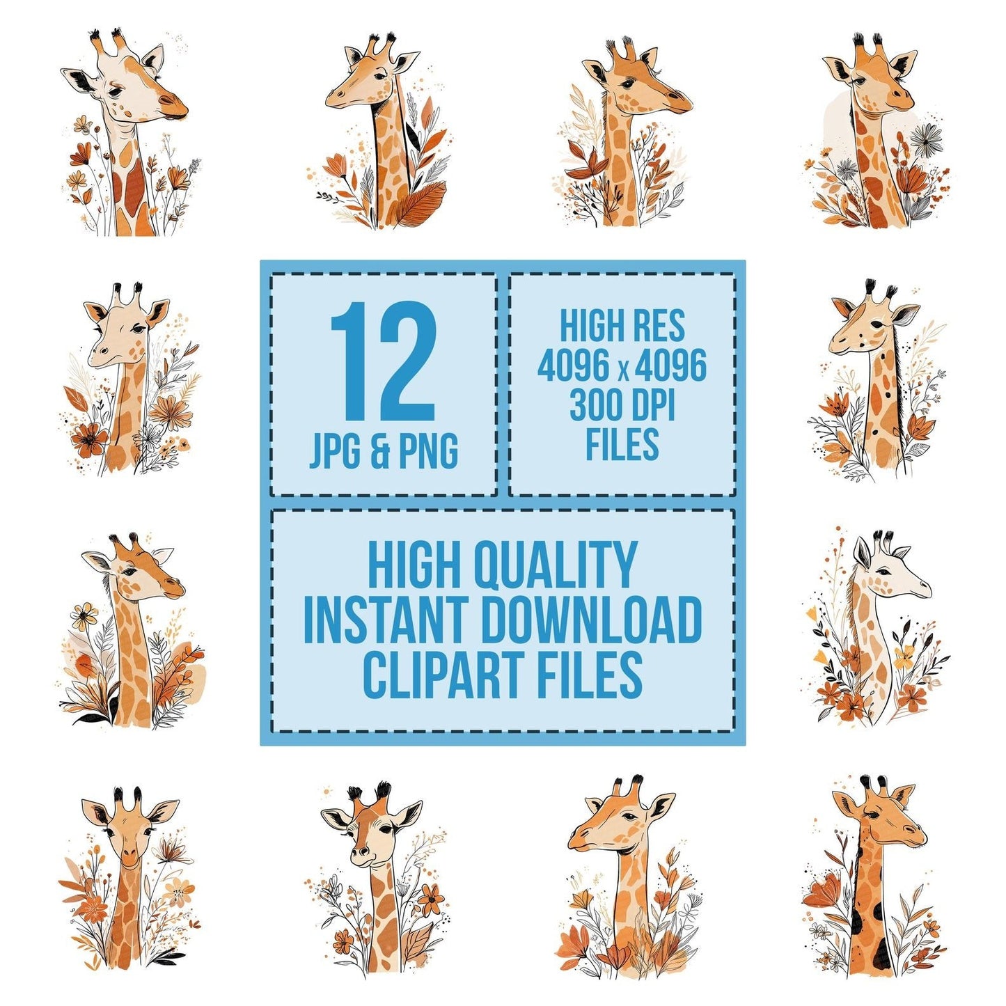 Line Art Giraffe Floral Clipart Set (DDD005972)