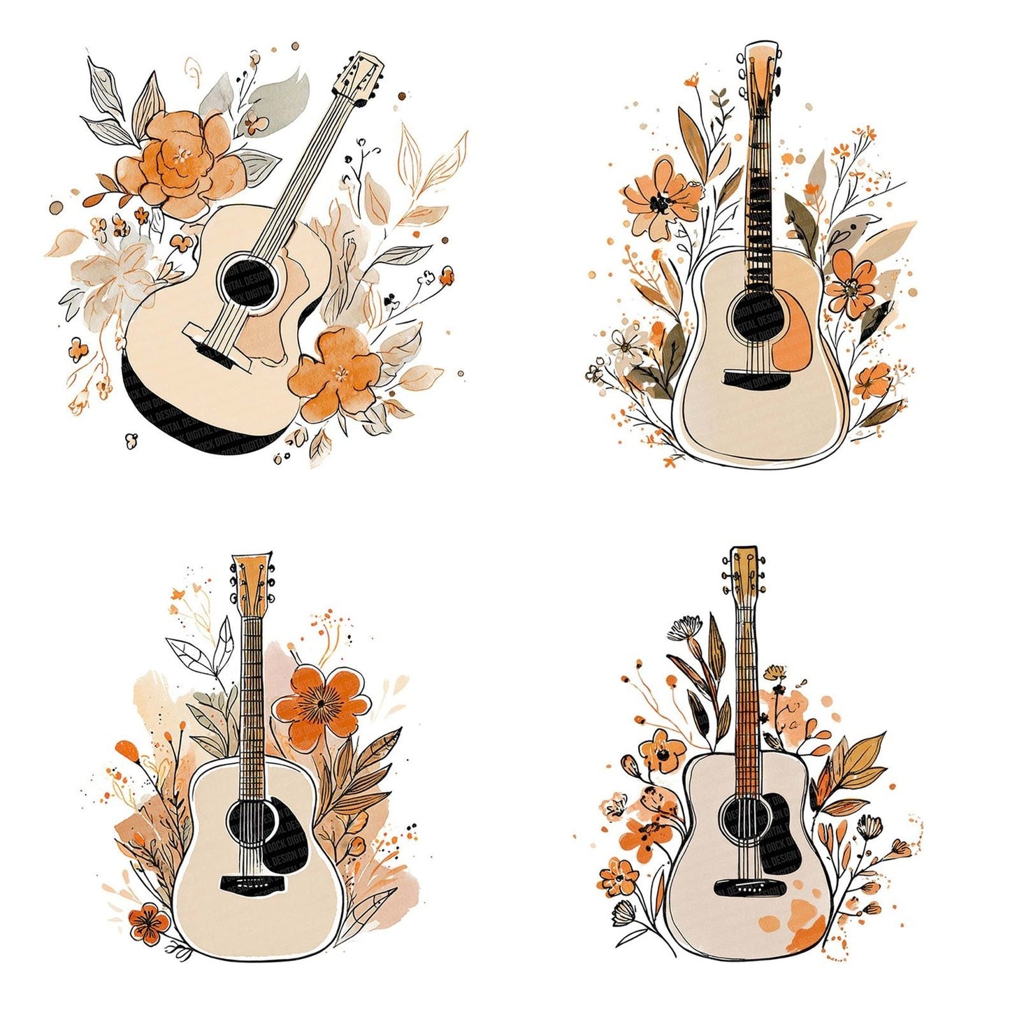 Line Art Guitar Floral Clipart Set (DDD005973)