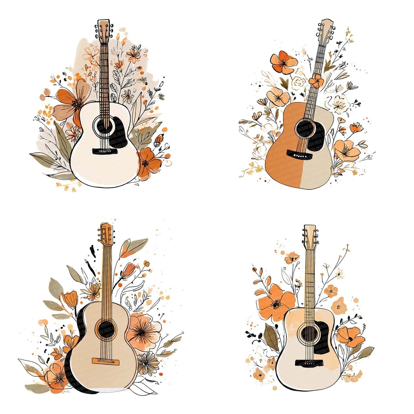 Line Art Guitar Floral Clipart Set (DDD005973)