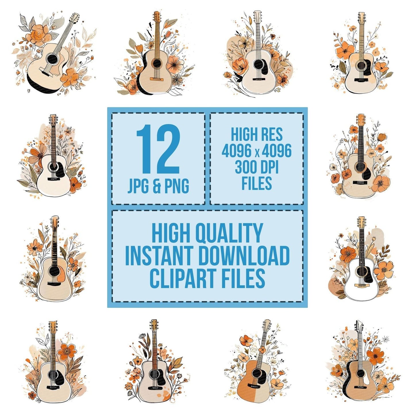 Line Art Guitar Floral Clipart Set (DDD005973)