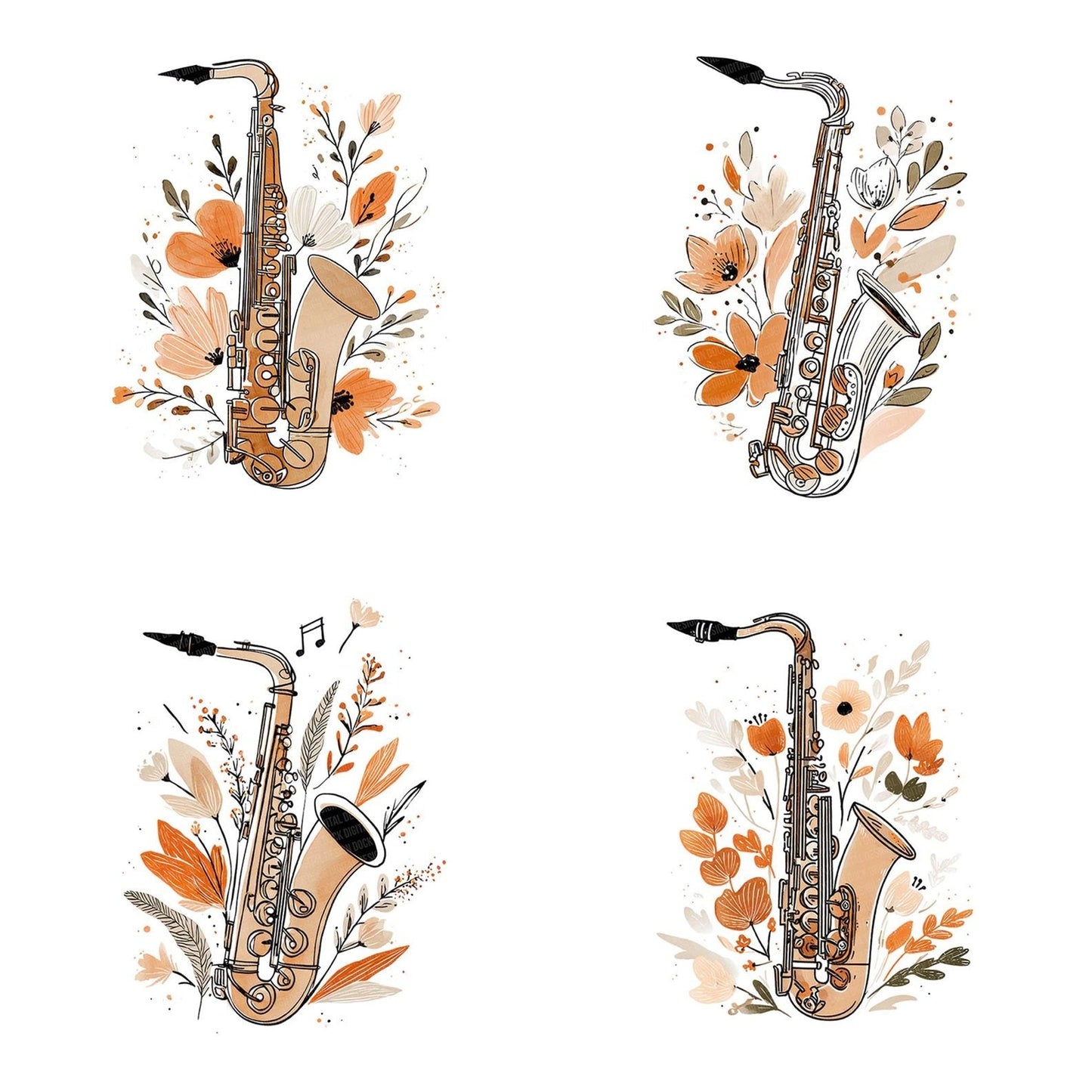Line Art Saxophone Floral Clipart Set (DDD005974)