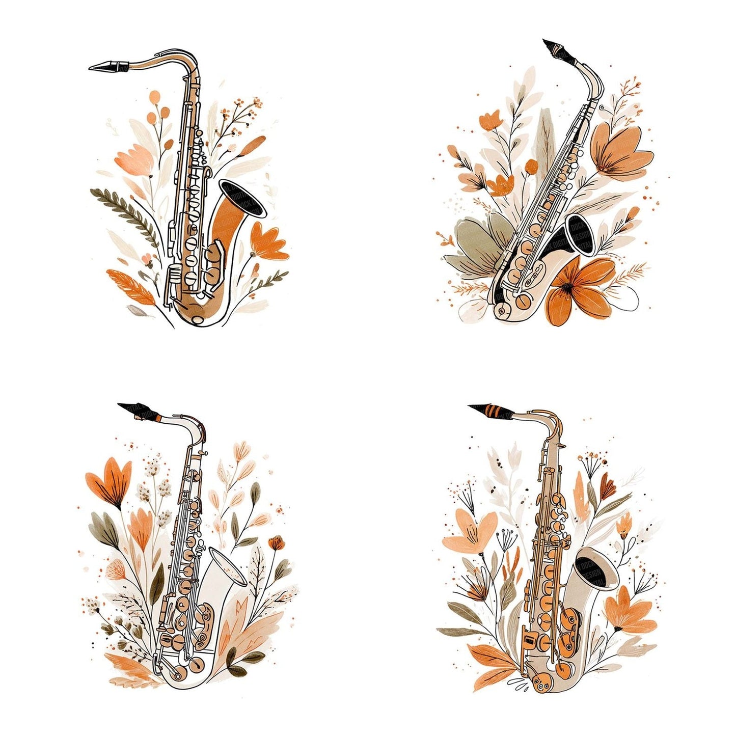 Line Art Saxophone Floral Clipart Set (DDD005974)
