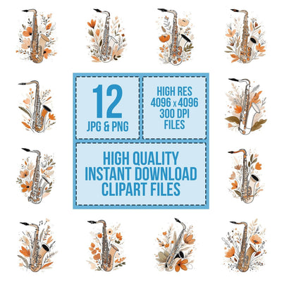 Line Art Saxophone Floral Clipart Set (DDD005974)