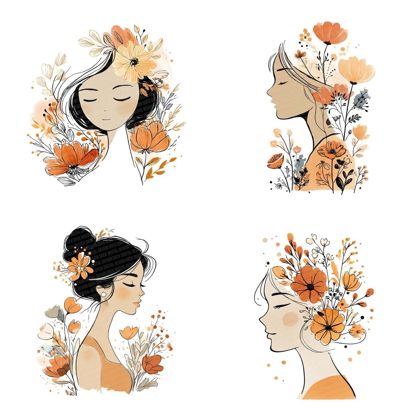 Line Art Woman Florals Clipart Set (DDD005975)